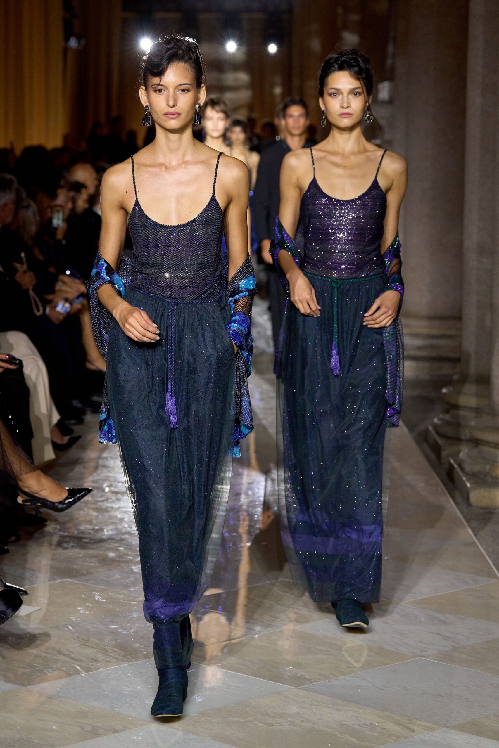 blue silk sleeveless v-neck fitted layered sequined dress