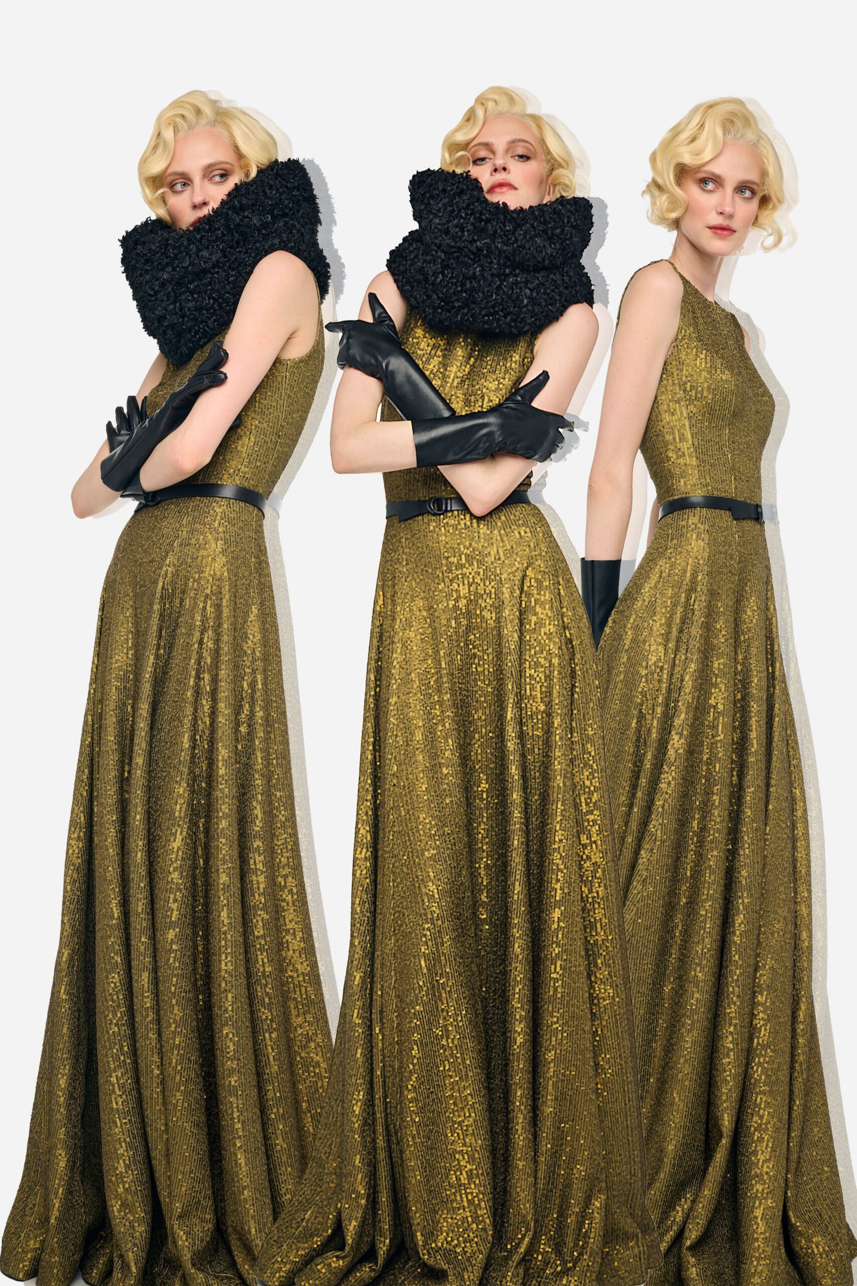 gold silk sleeveless high-neck fitted layered gown