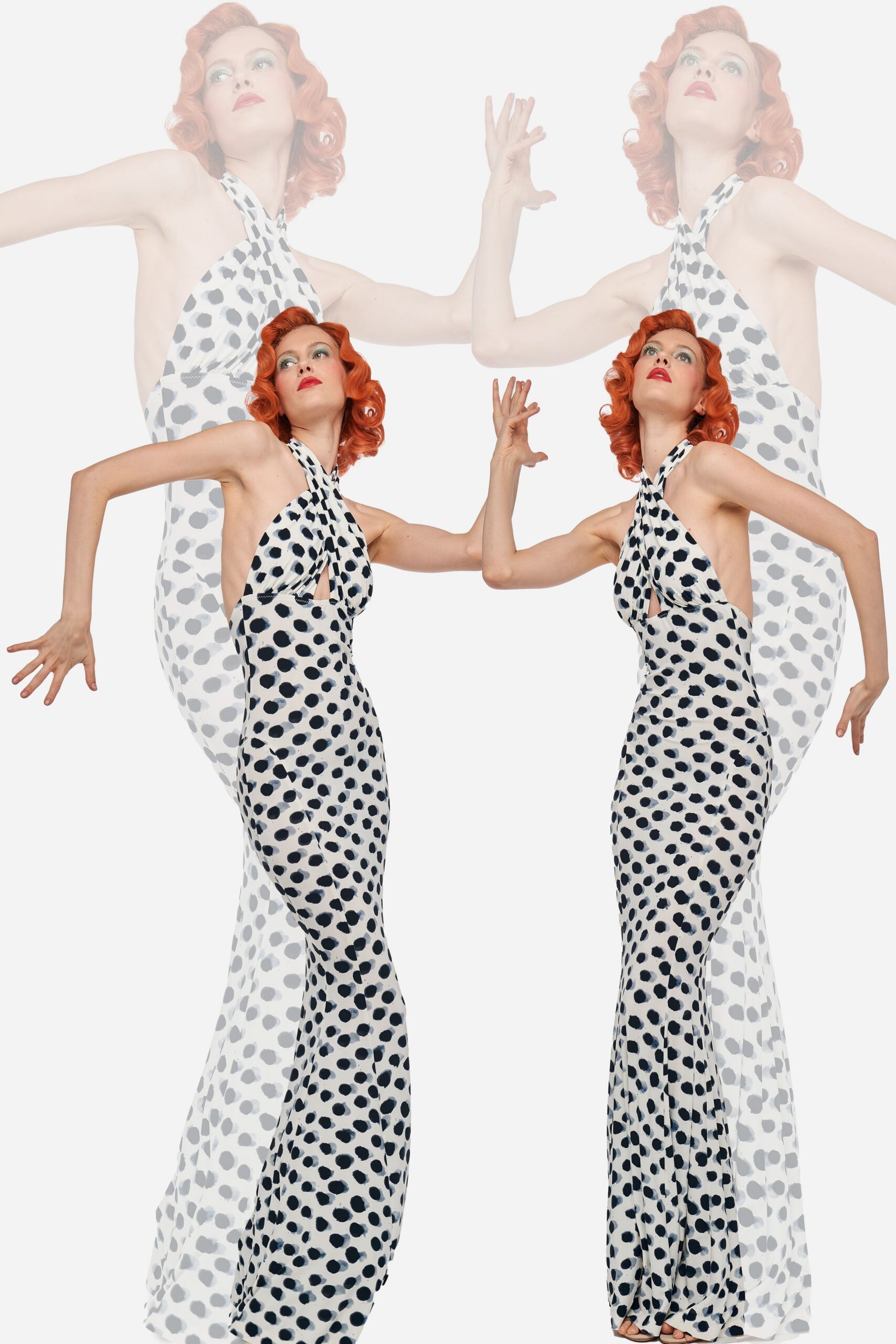 white and black polka-dot gown