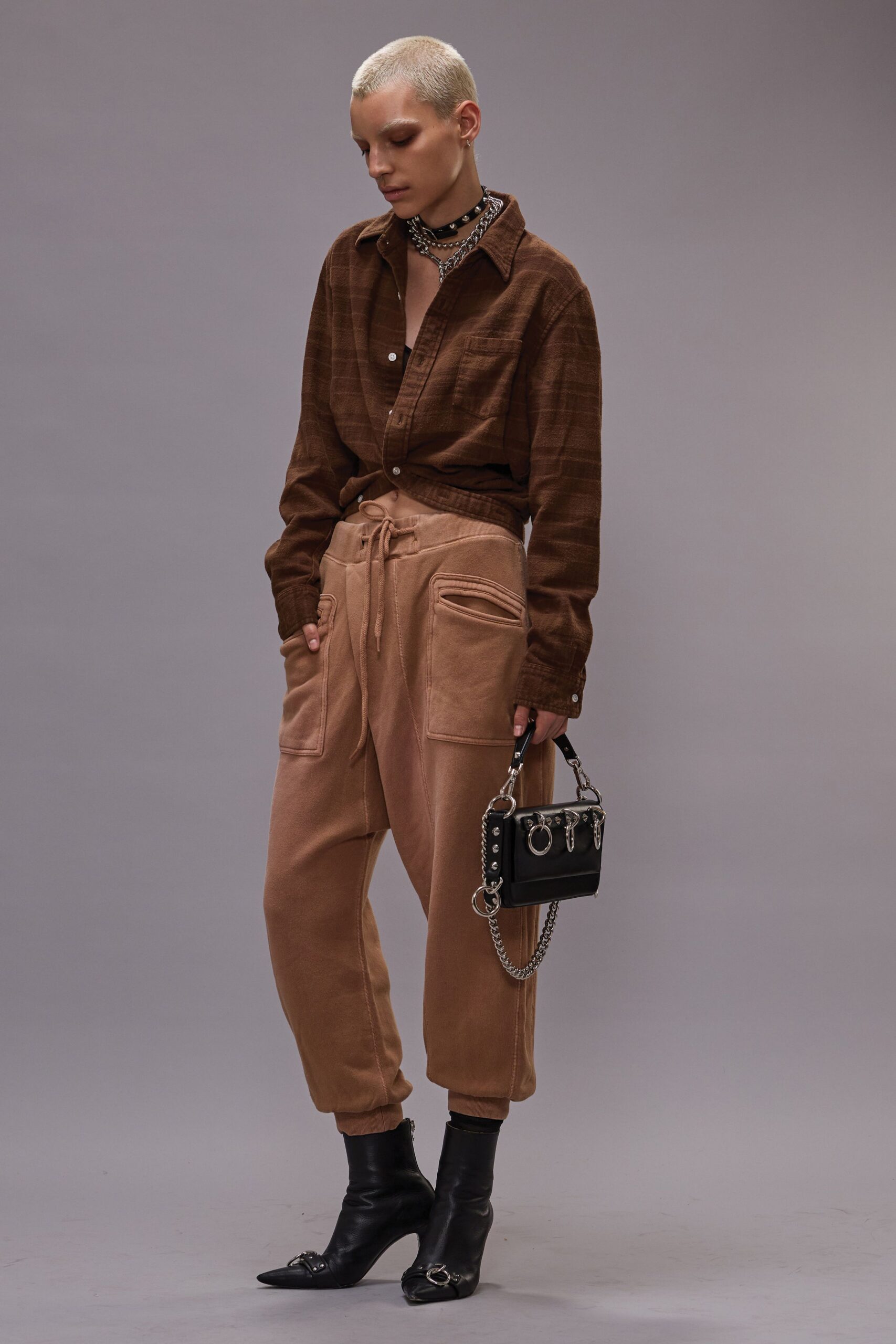 brown relaxed shirt with beige cargo pants
