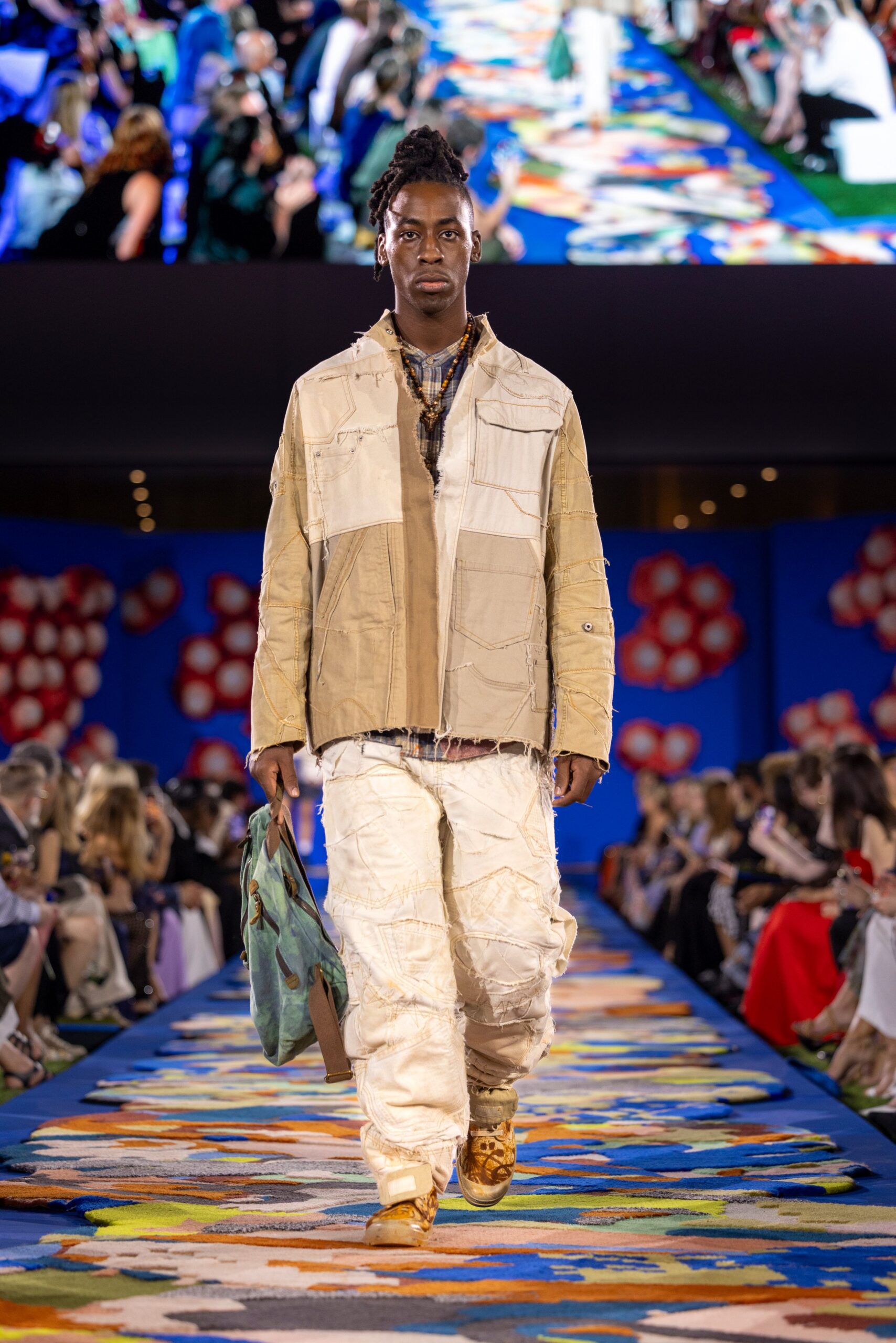 beige relaxed jacket with cargo pants