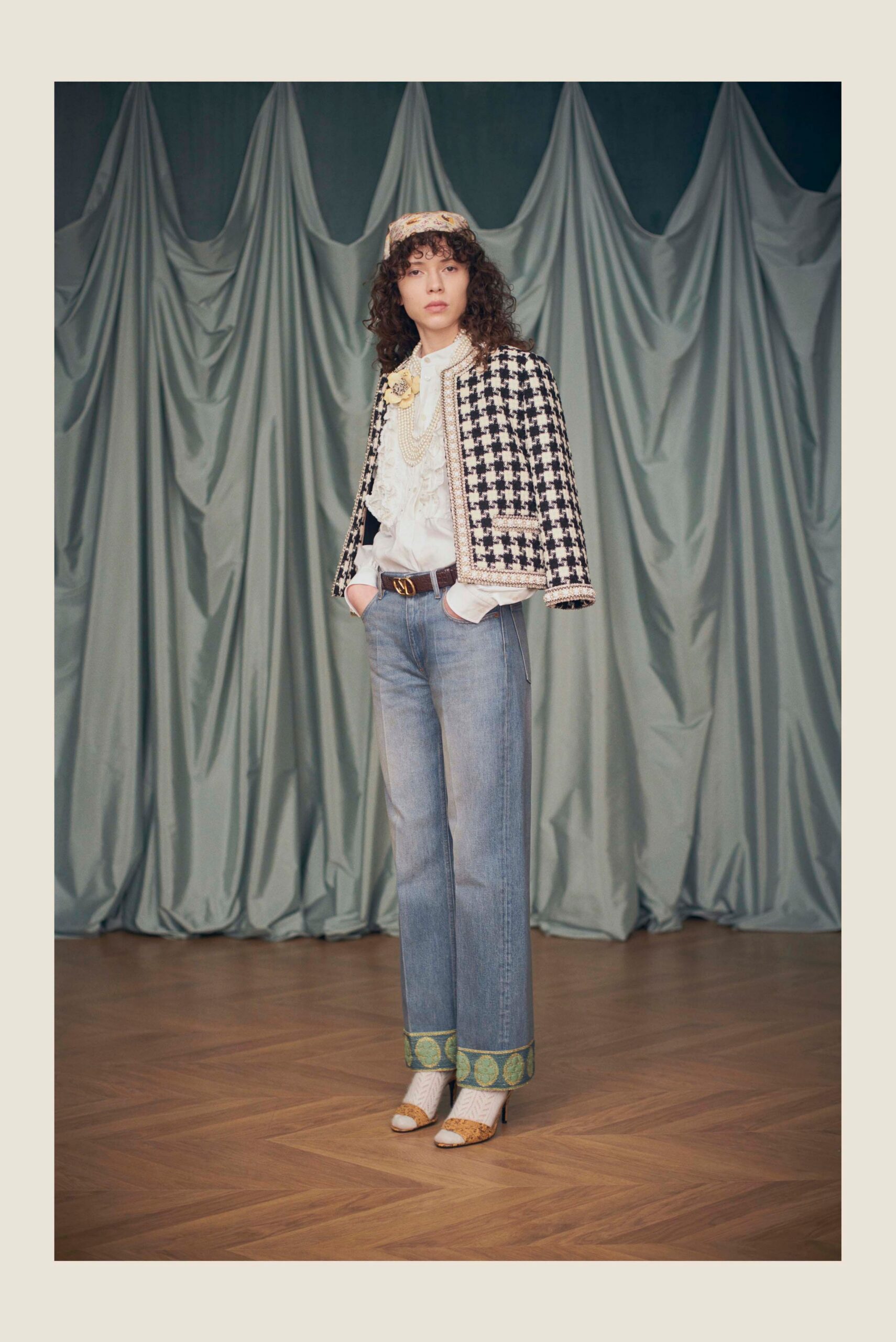 checked jacket with denim pants