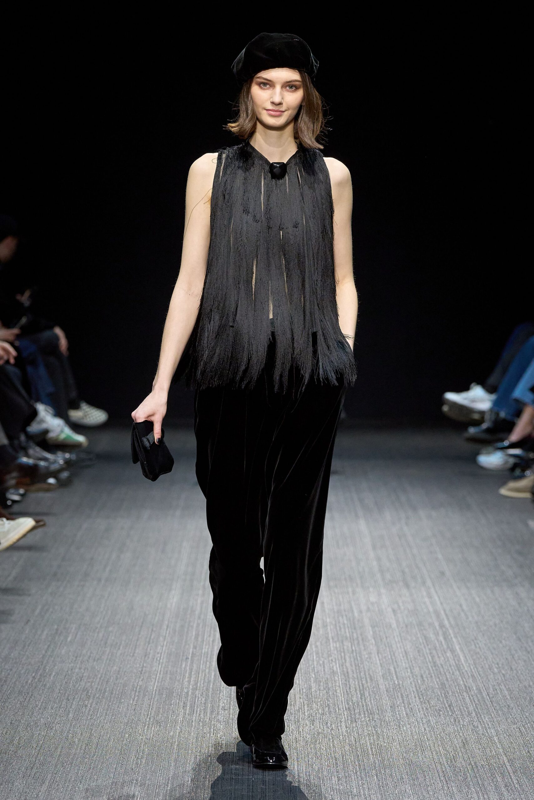black velvet fringed top and pants