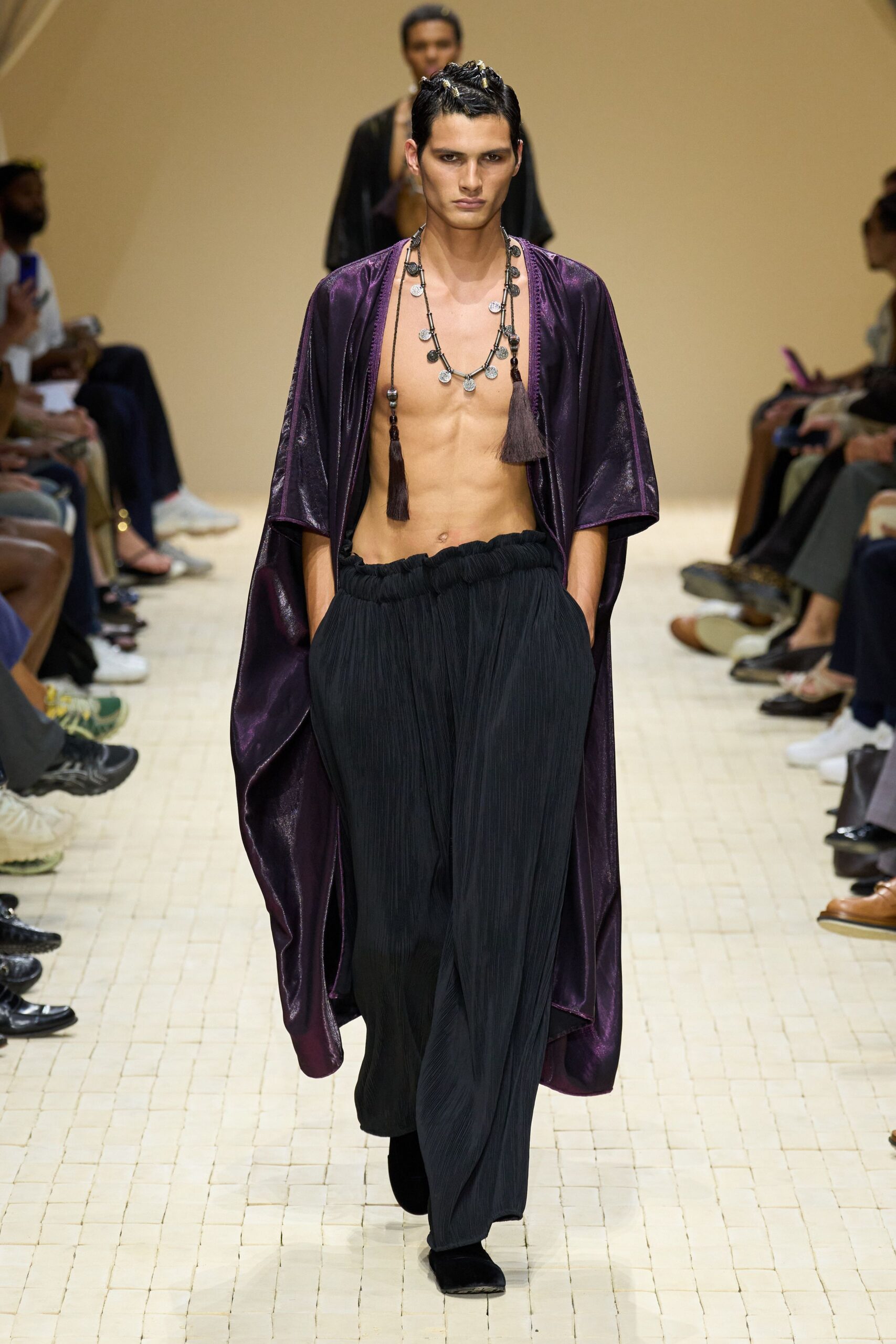 purple silk cape black pants