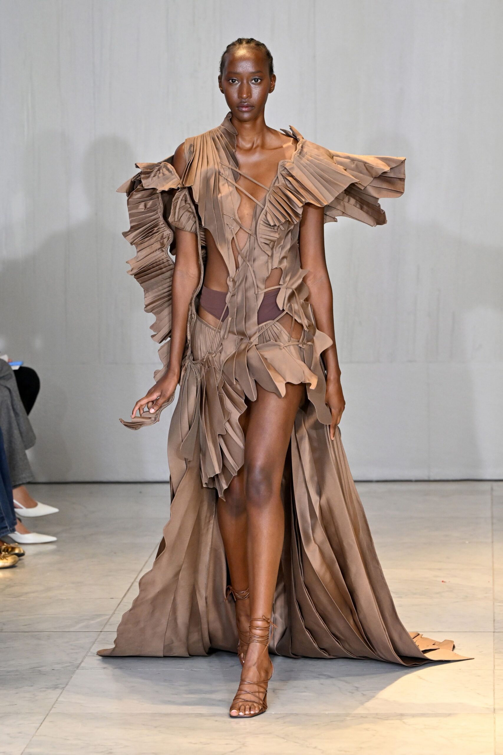 brown silk sleeveless v-neck fitted ruffled layered gown