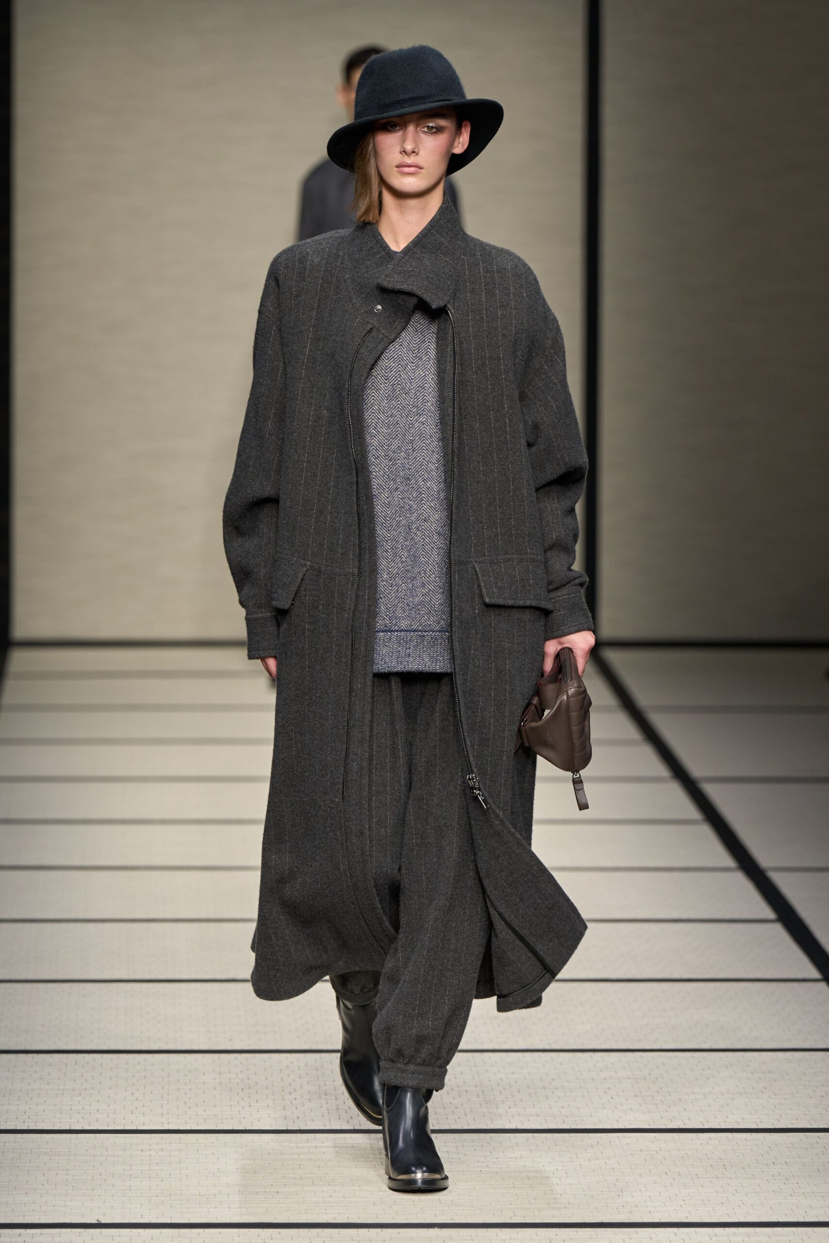gray wool coat with black hat