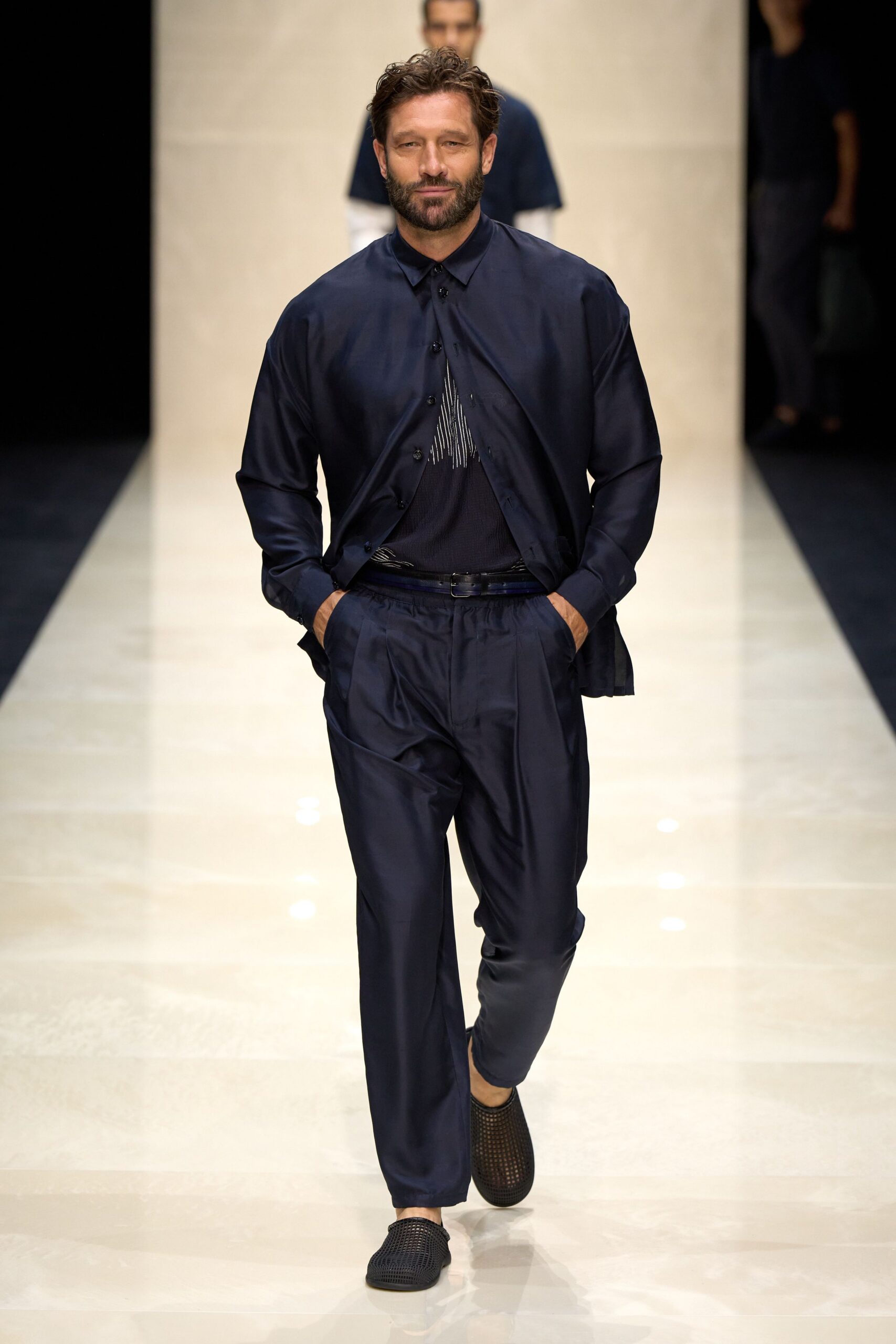 navy silk shirt and pants