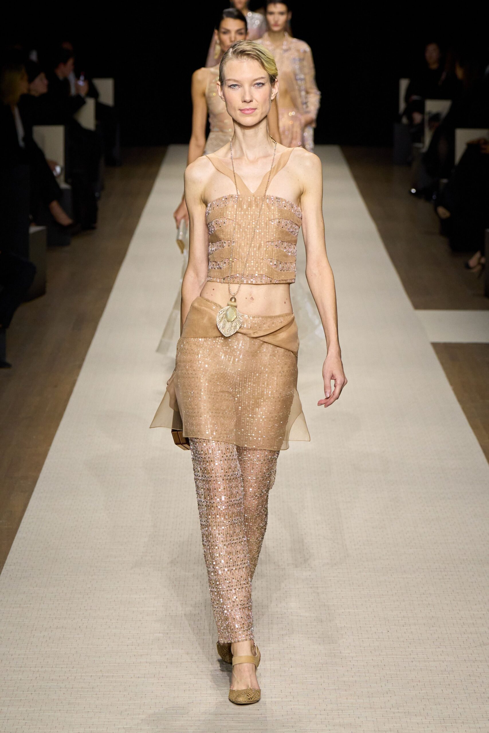 beige mesh sleeveless high-neck fitted sequined sheer top