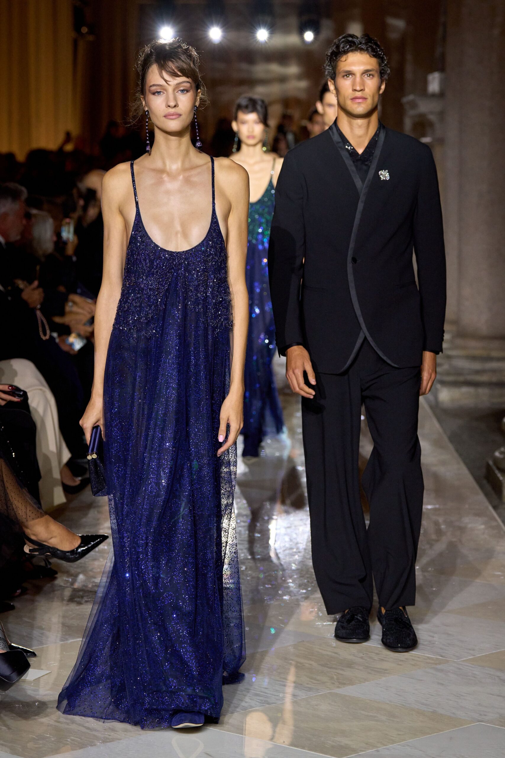 blue silk embellished gown