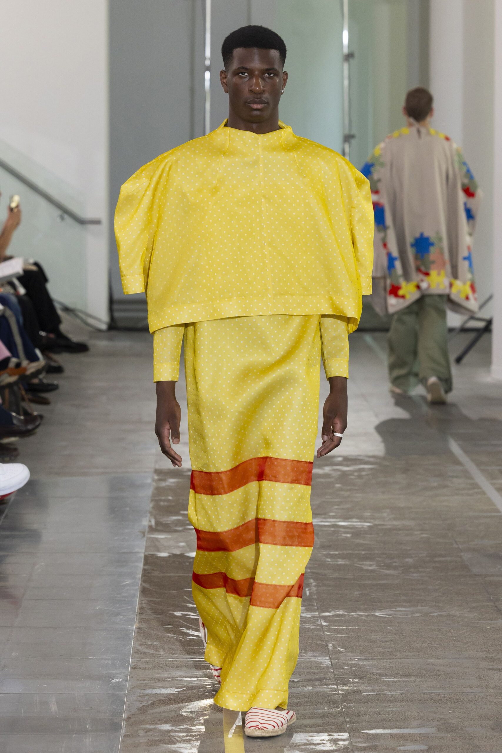yellow cotton long-sleeve collared relaxed pleated printed dress