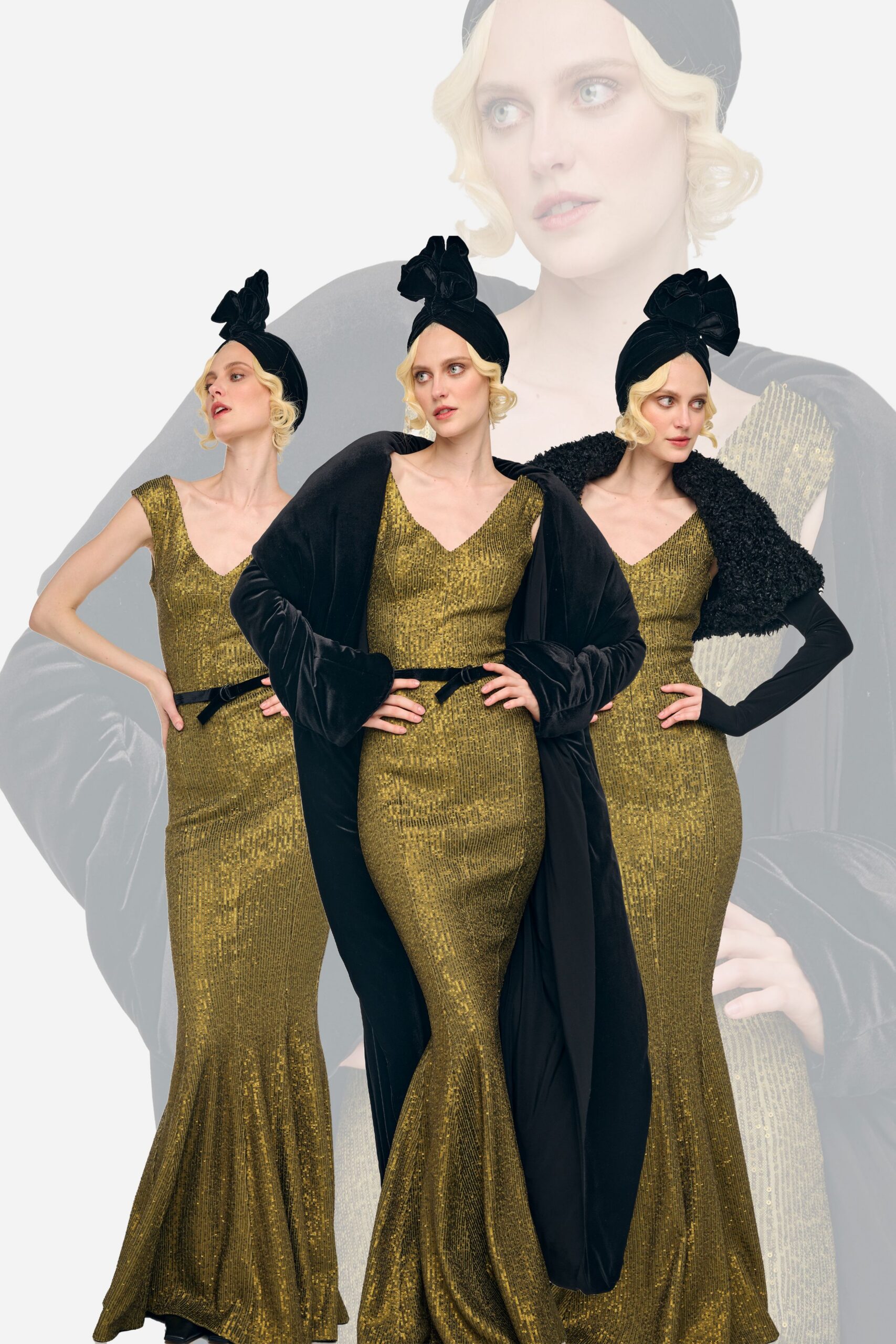 gold silk sleeveless v-neck fitted sequined flared gown