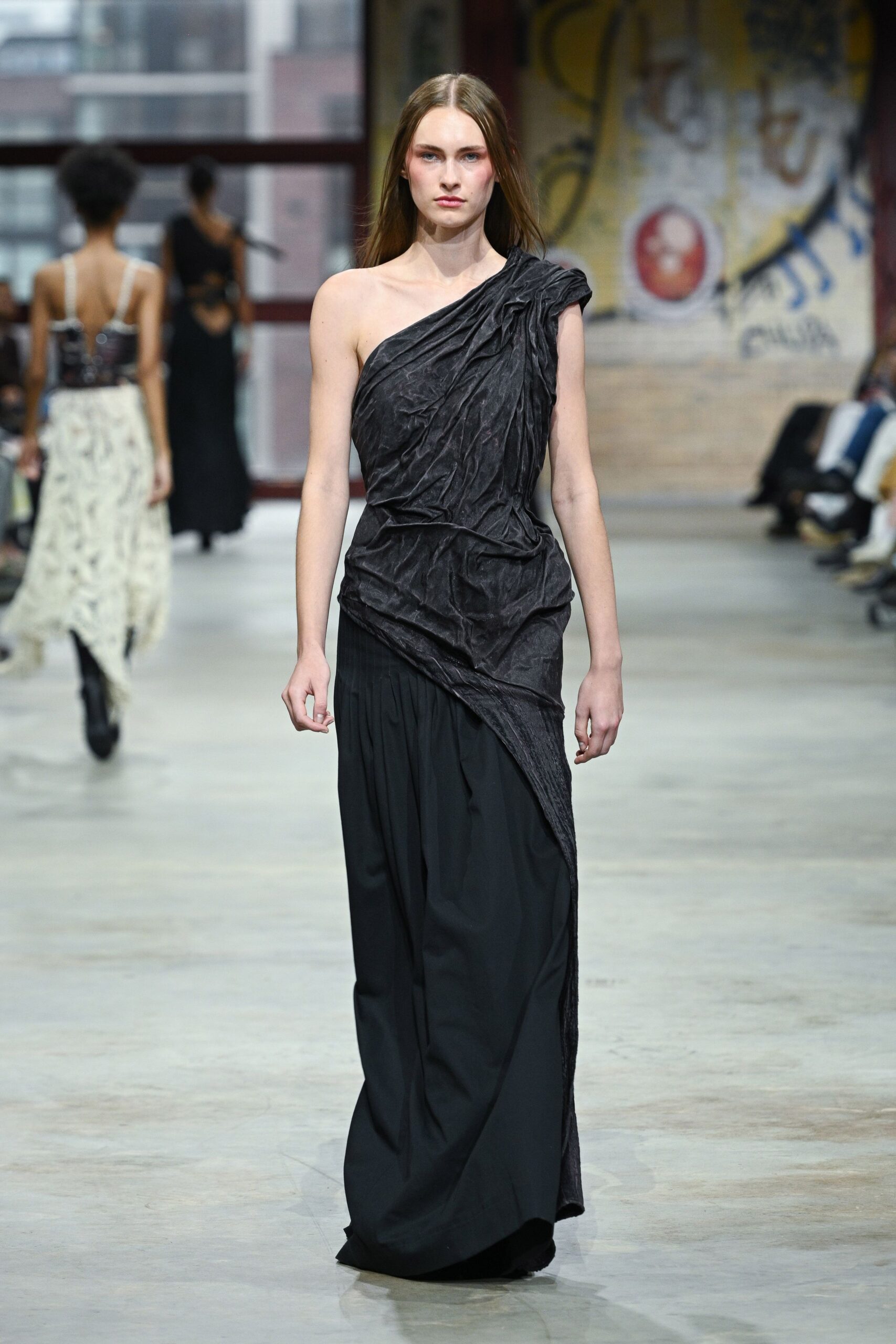 black gray draped gown
