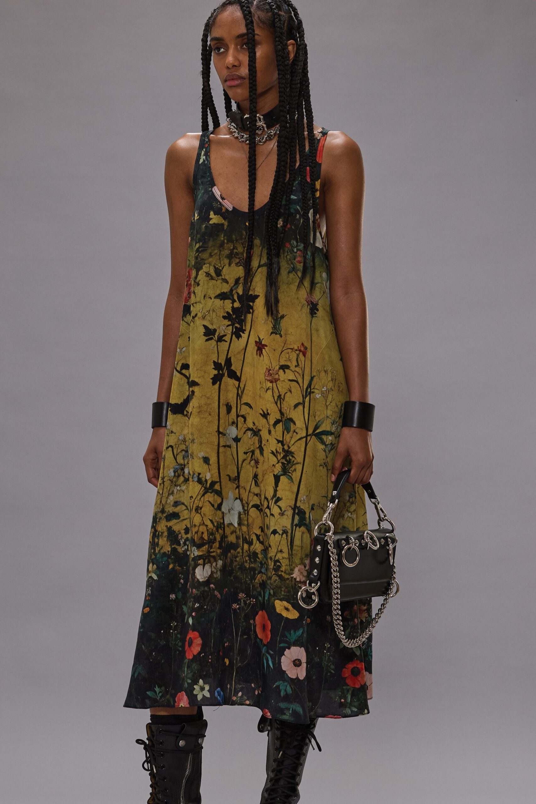 floral midi dress with boots