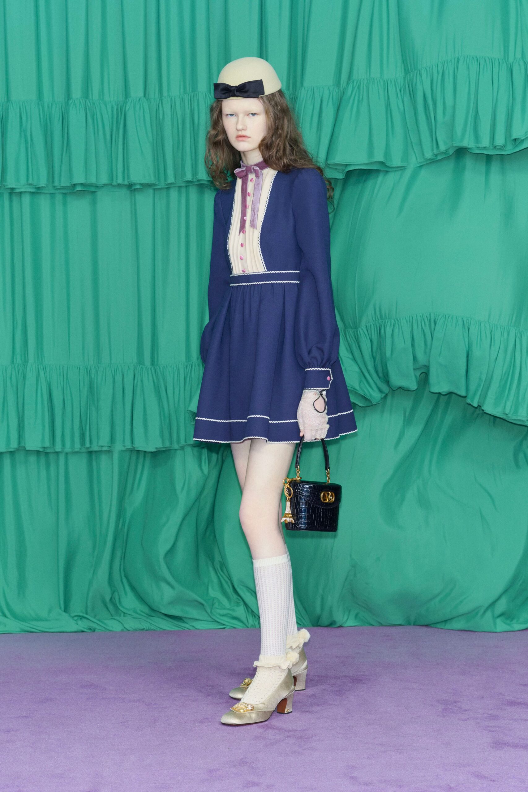 blue cotton long-sleeve collared fitted pleated mini dress