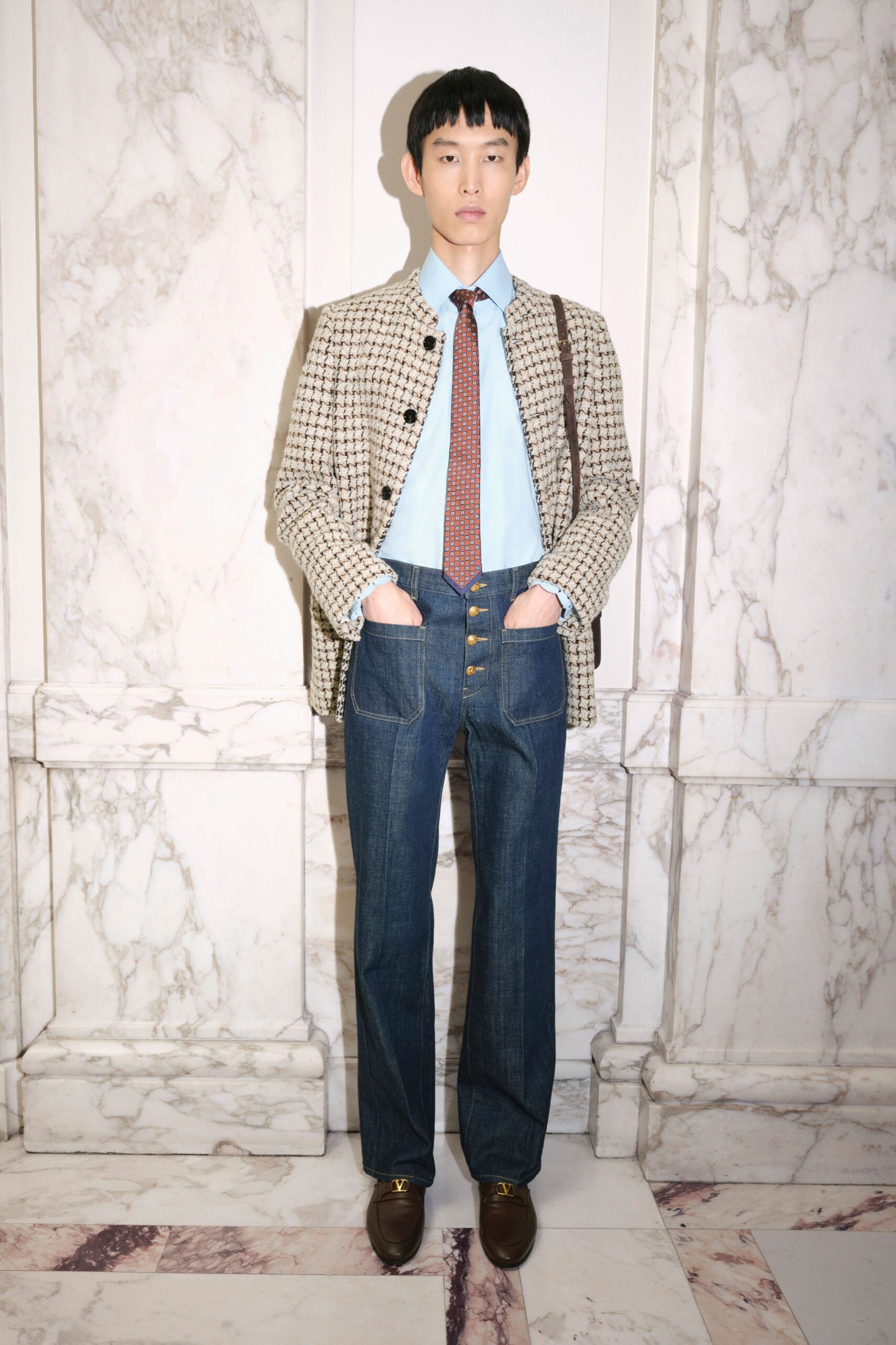 blue denim fitted buttoned pants