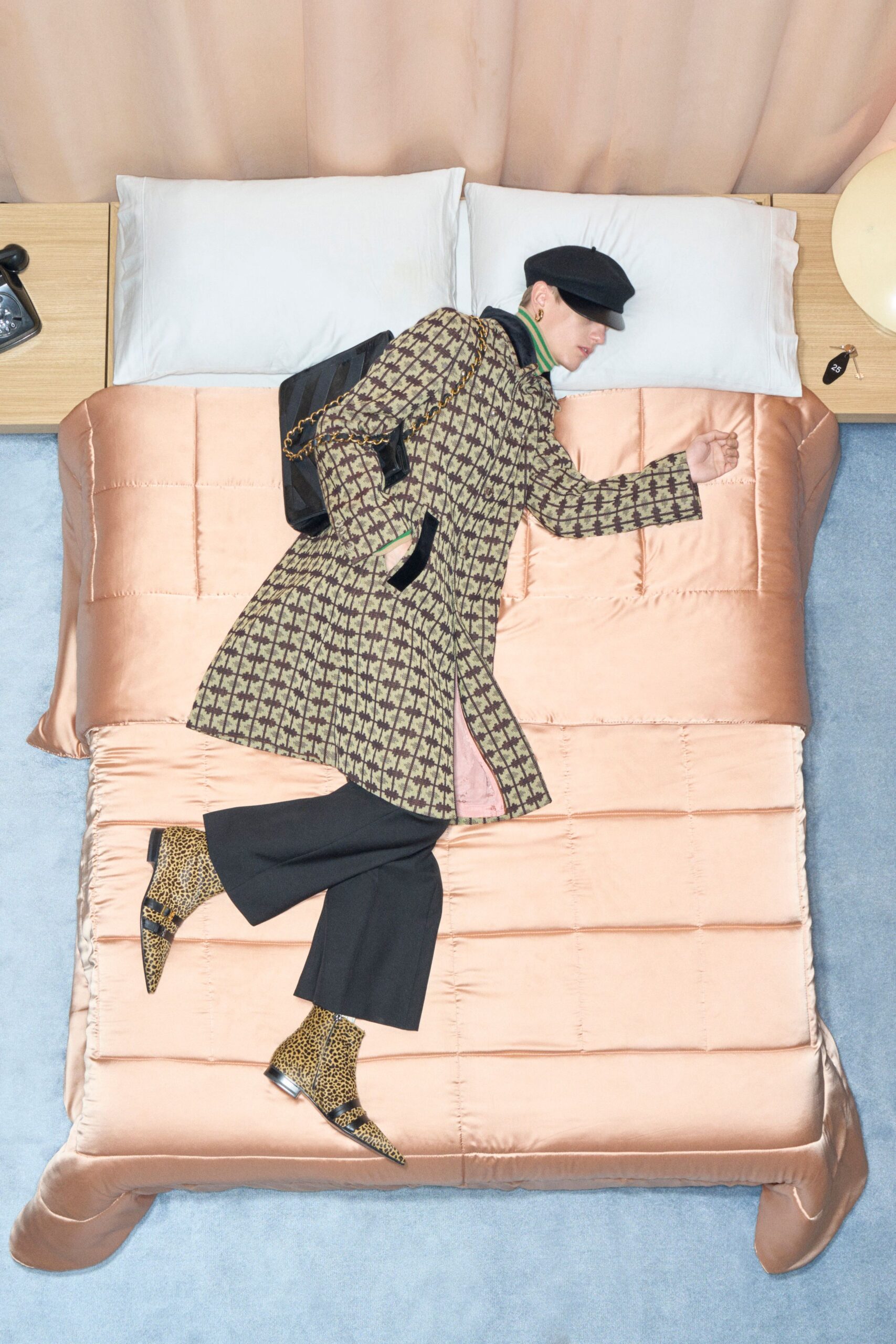 brown wool long-sleeve collared tailored printed midi coat