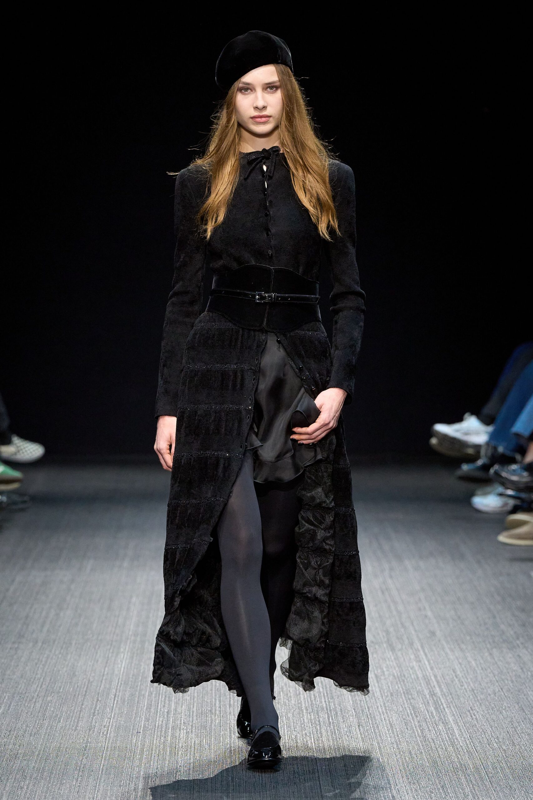 black velvet long-sleeve collared fitted pleated belted dress