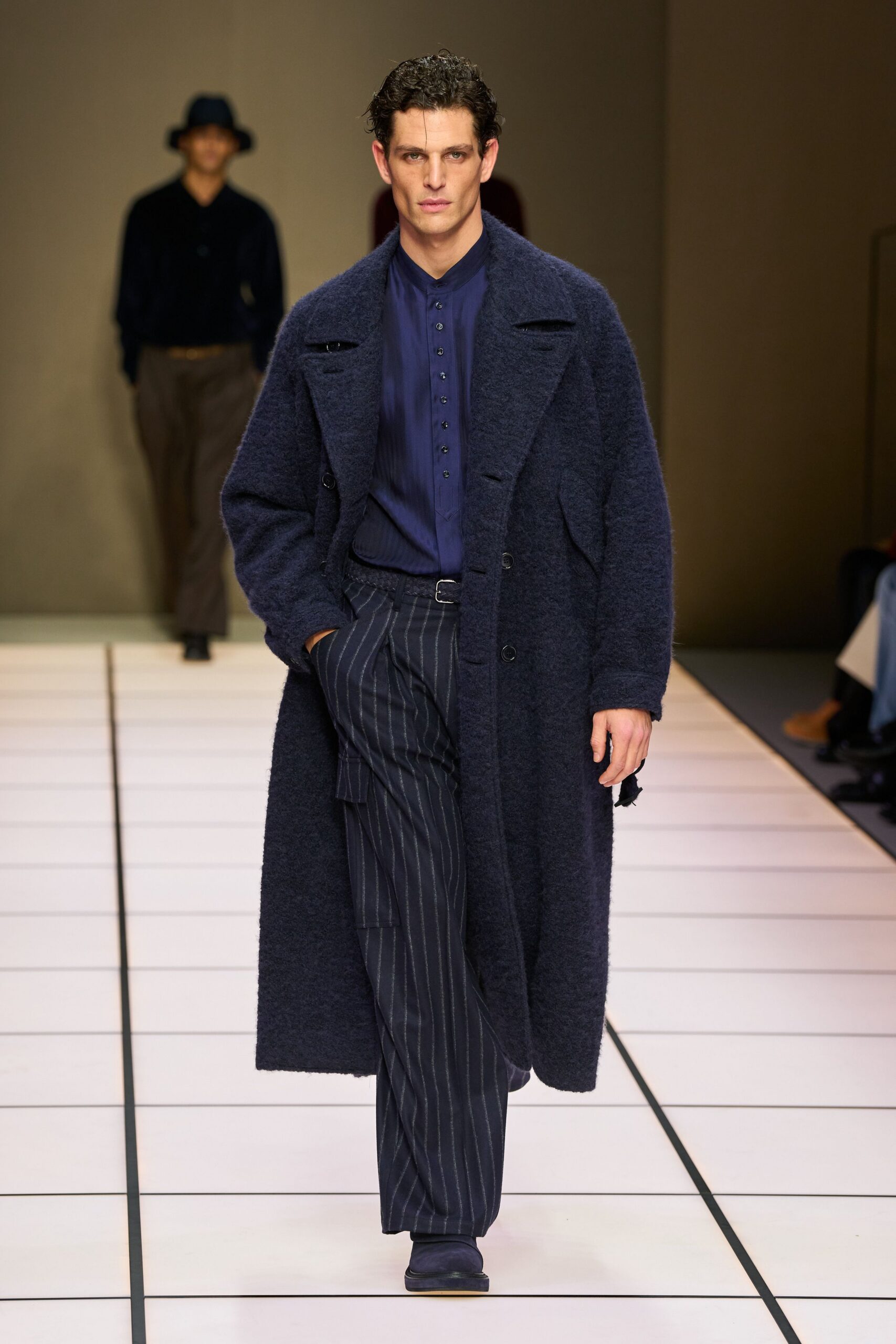 blue wool long-sleeve collared relaxed textured coat