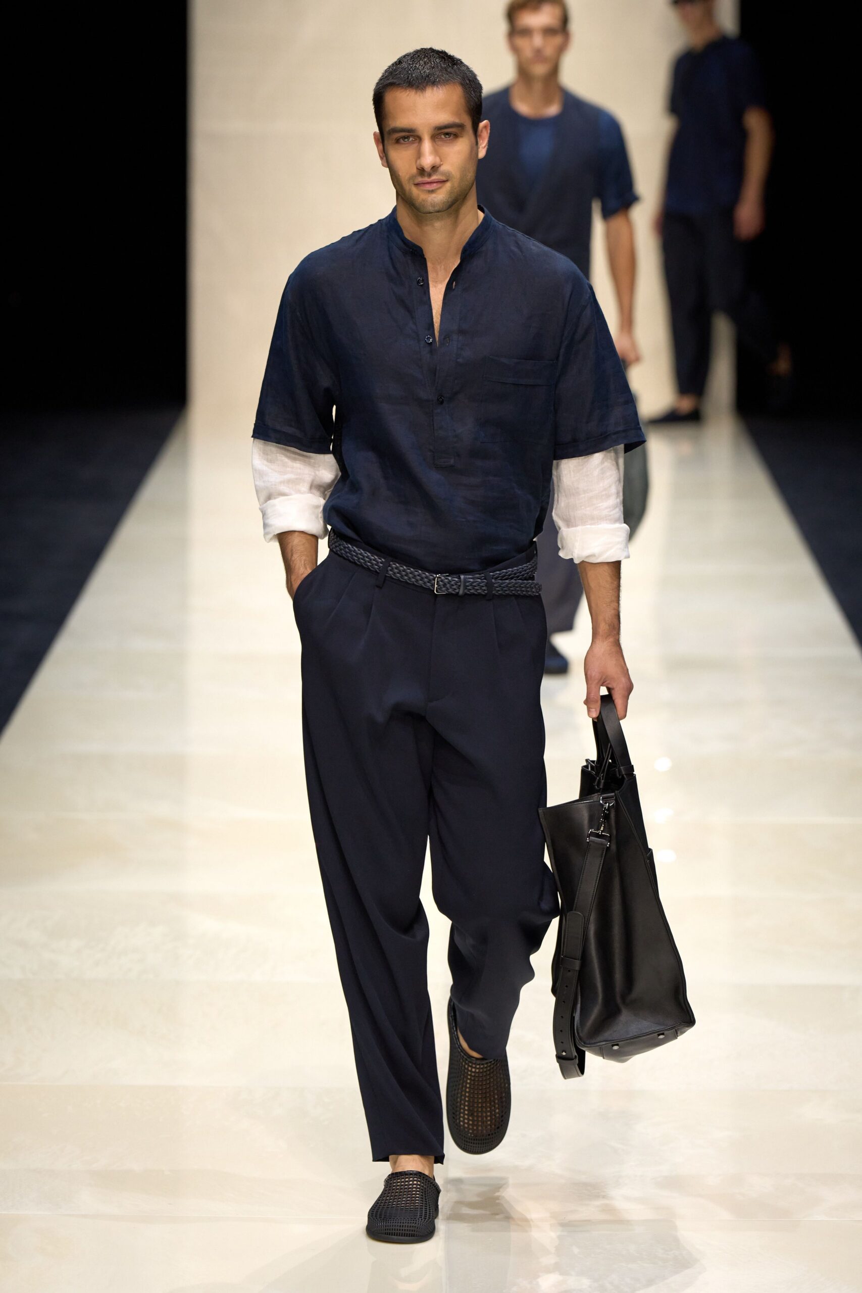 blue relaxed shirt with navy pants