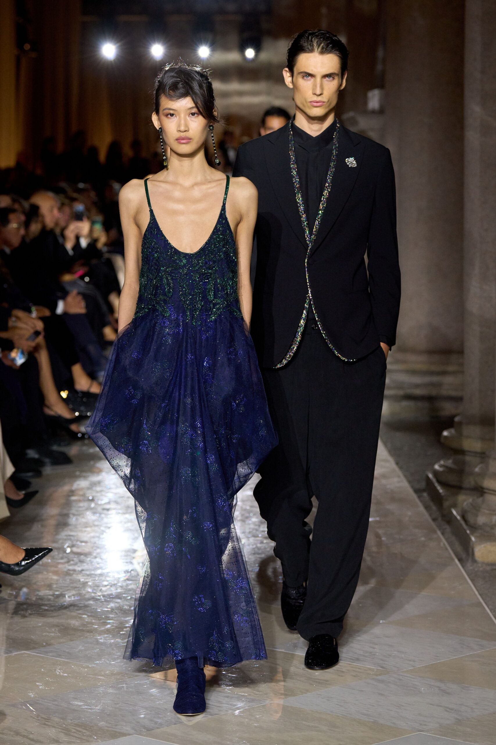blue silk sleeveless v-neck fitted layered embroidered gown