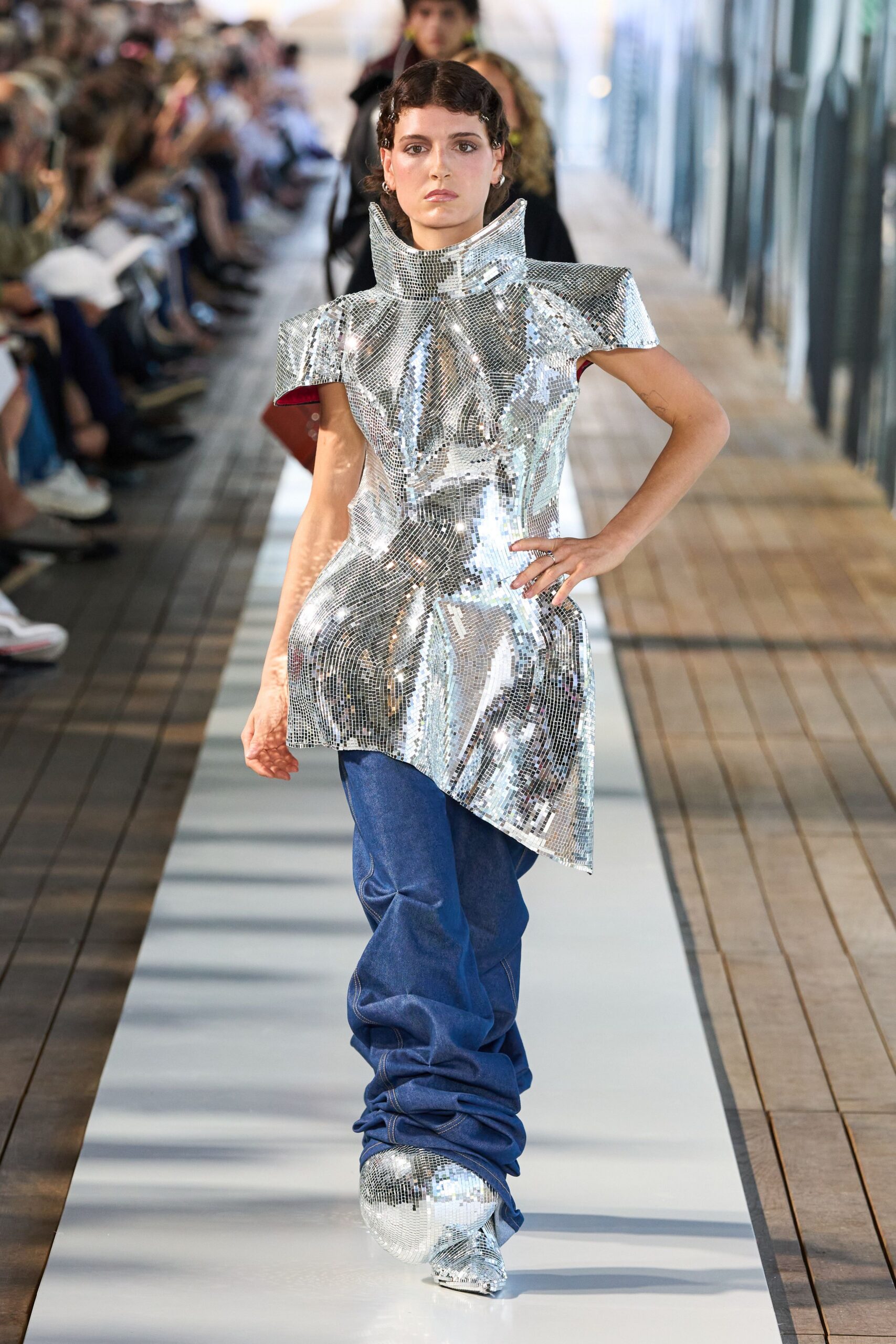 silver sequin top with denim pants