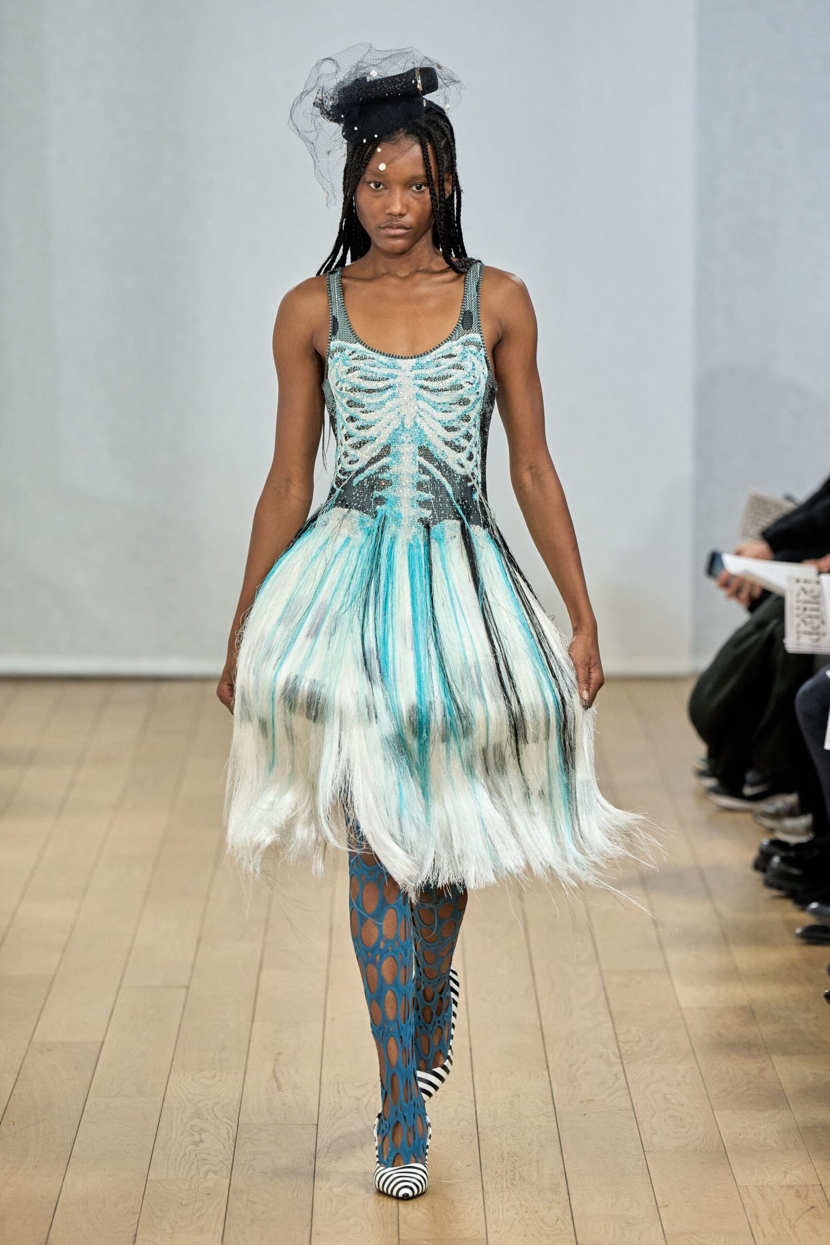 blue pleated mini dress with hat