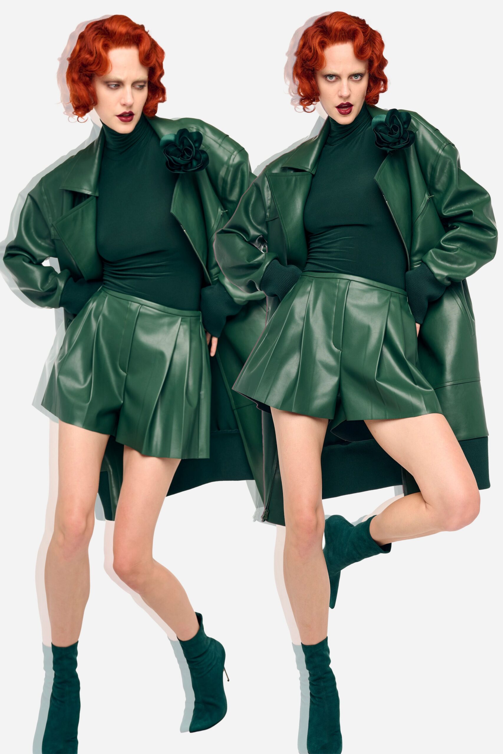 green leather long-sleeve collared oversized zippered coat