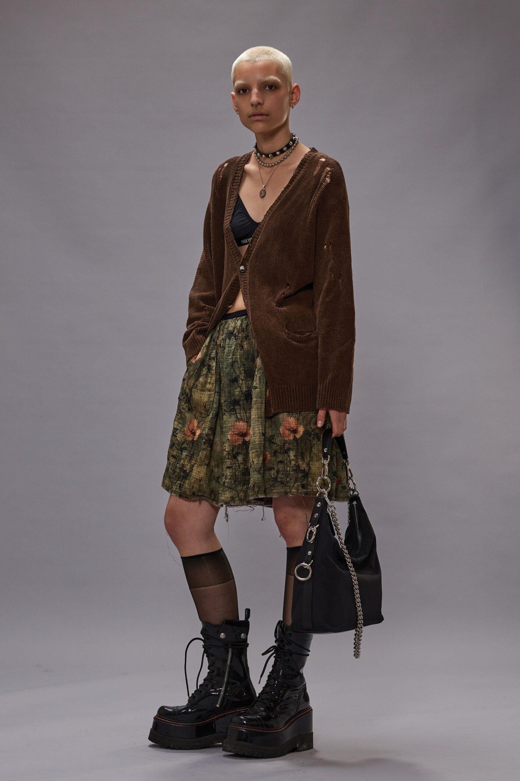 brown cardigan green pleated skirt