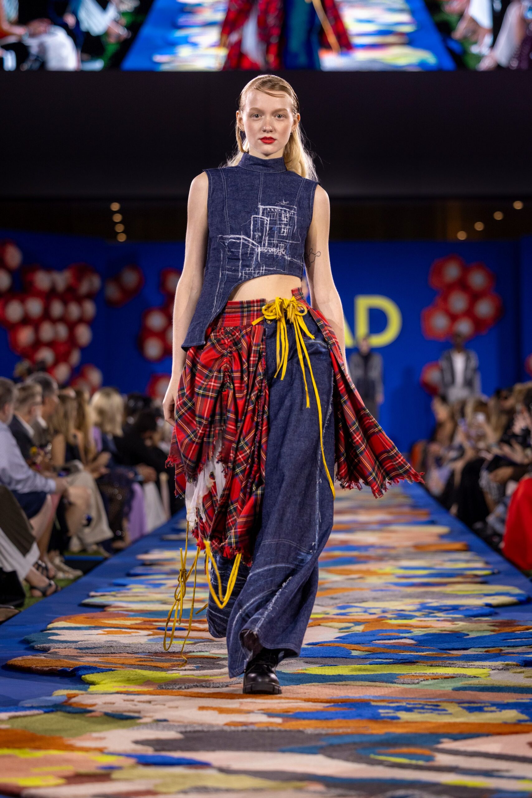 denim top with plaid skirt