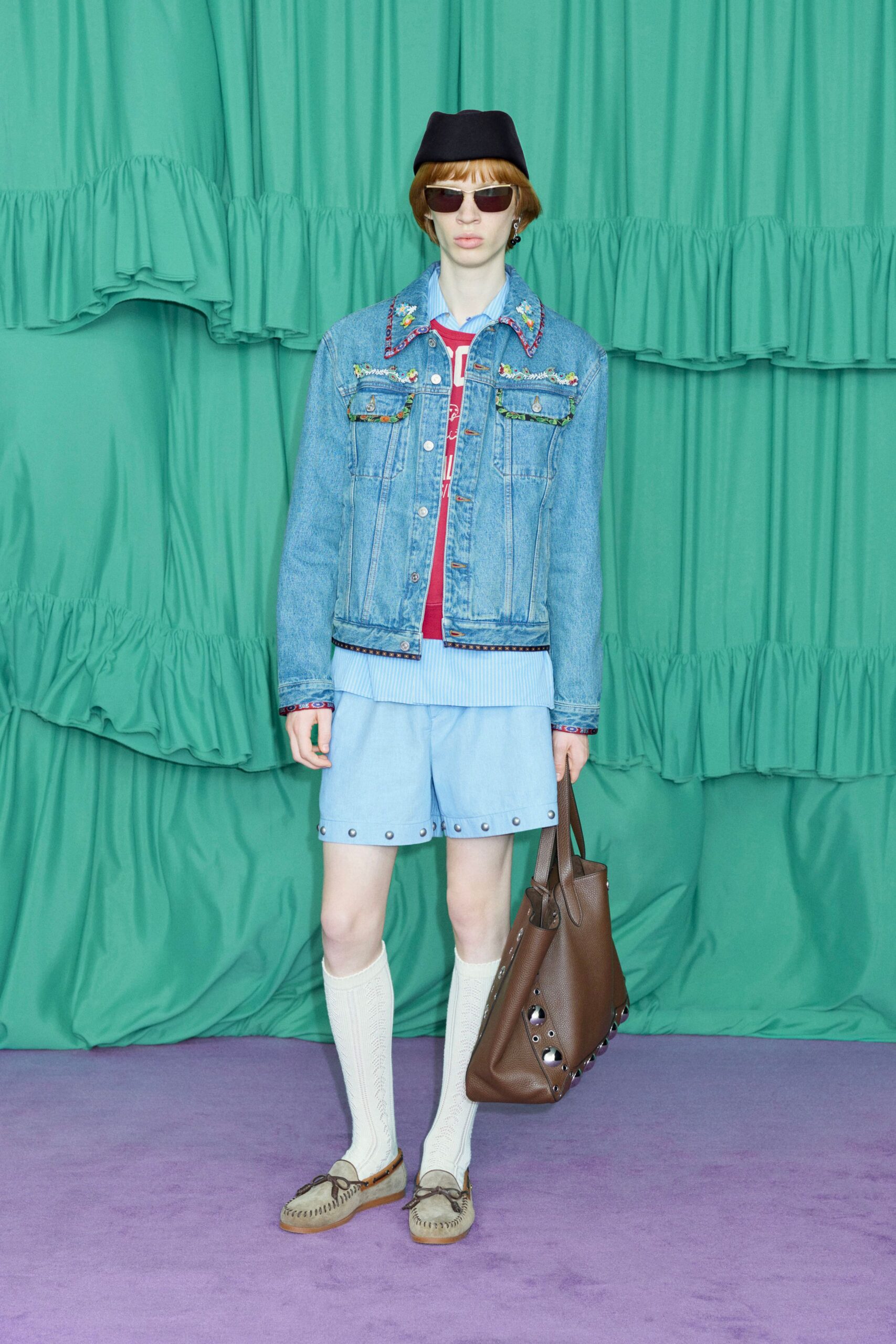 blue denim long-sleeve collared relaxed embroidered jacket