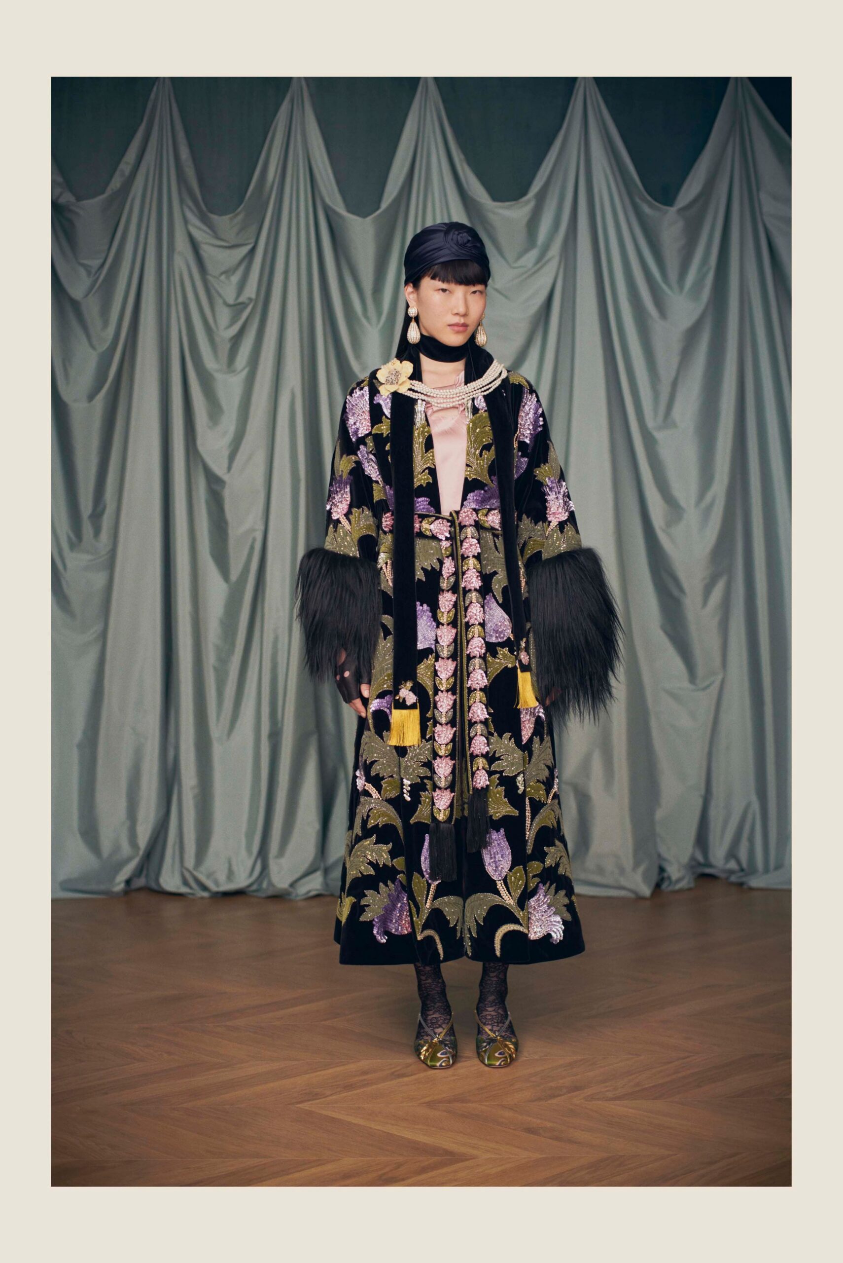 black silk long-sleeve collared fitted embroidered layered coat