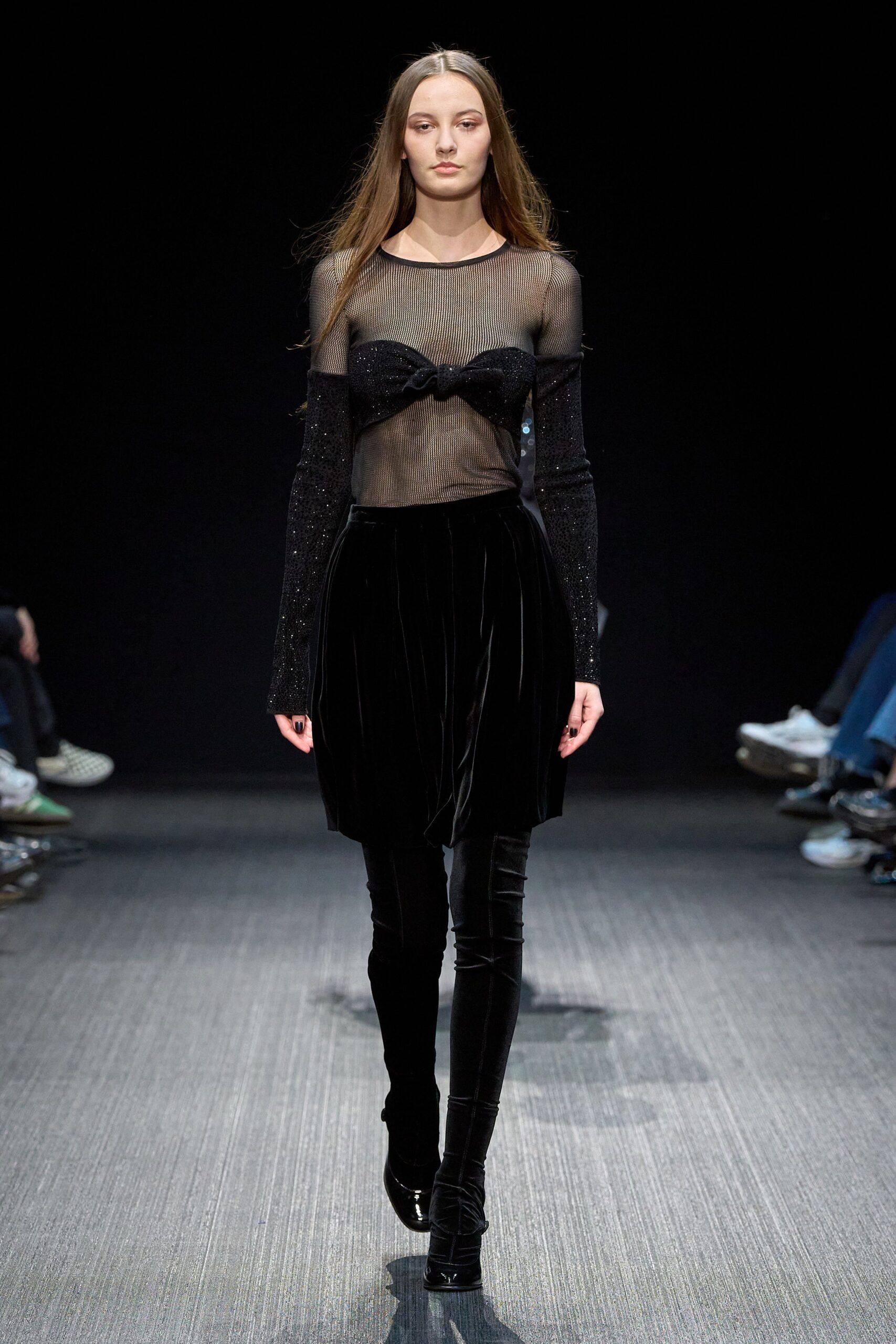 black mesh top with velvet skirt