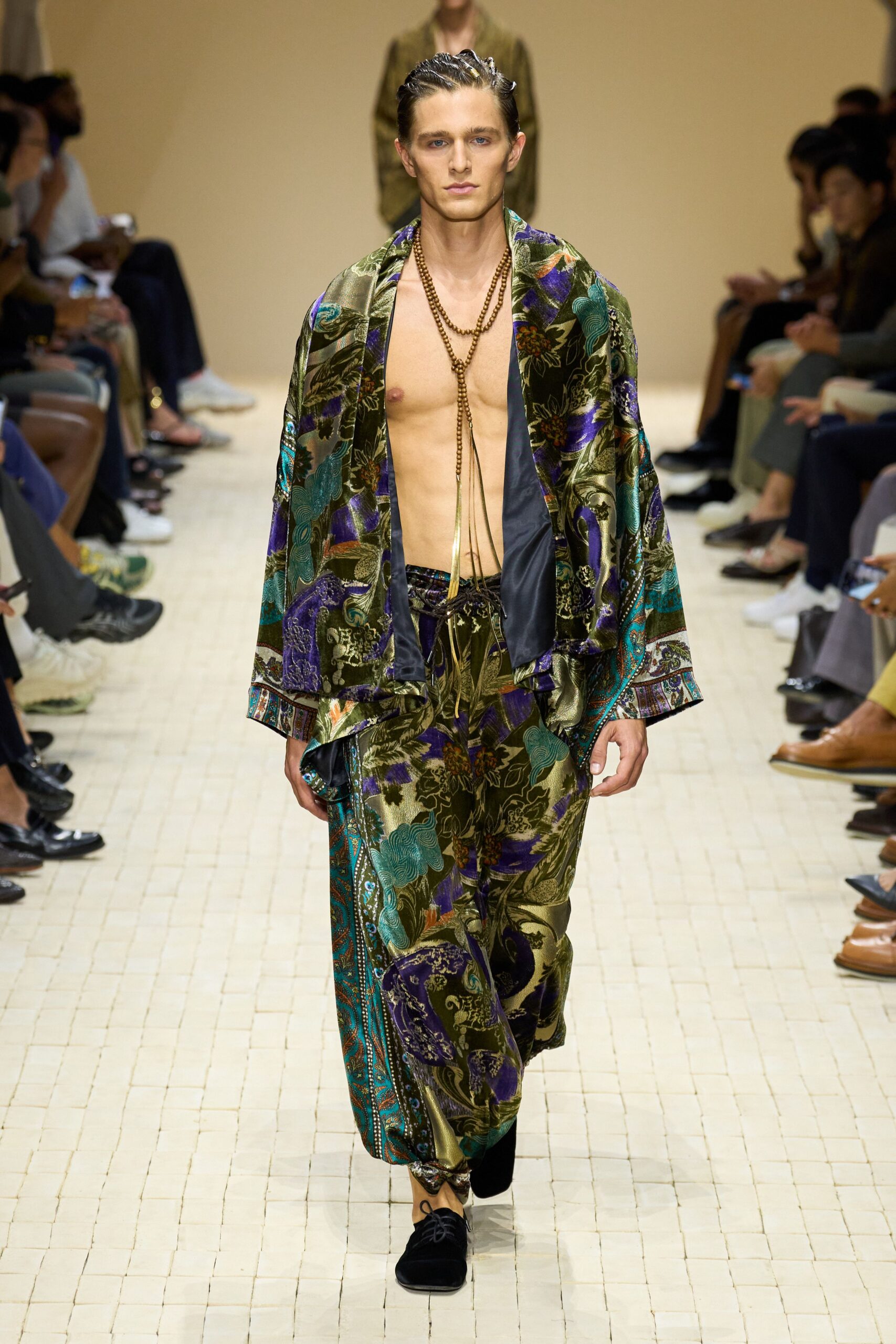 green silk sleeveless relaxed floral layered jacket