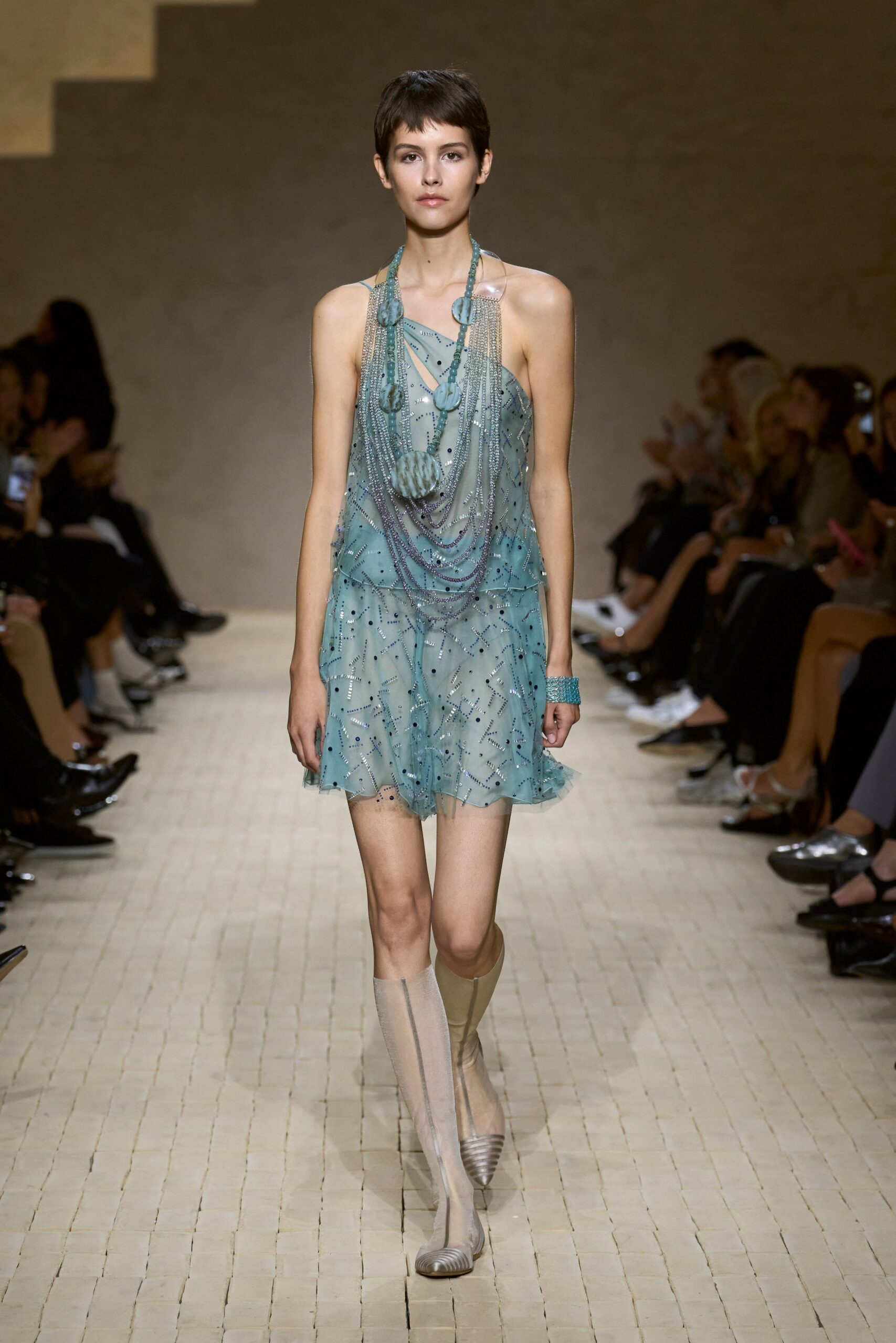 blue silk sleeveless v-neck fitted pleated sheer dress