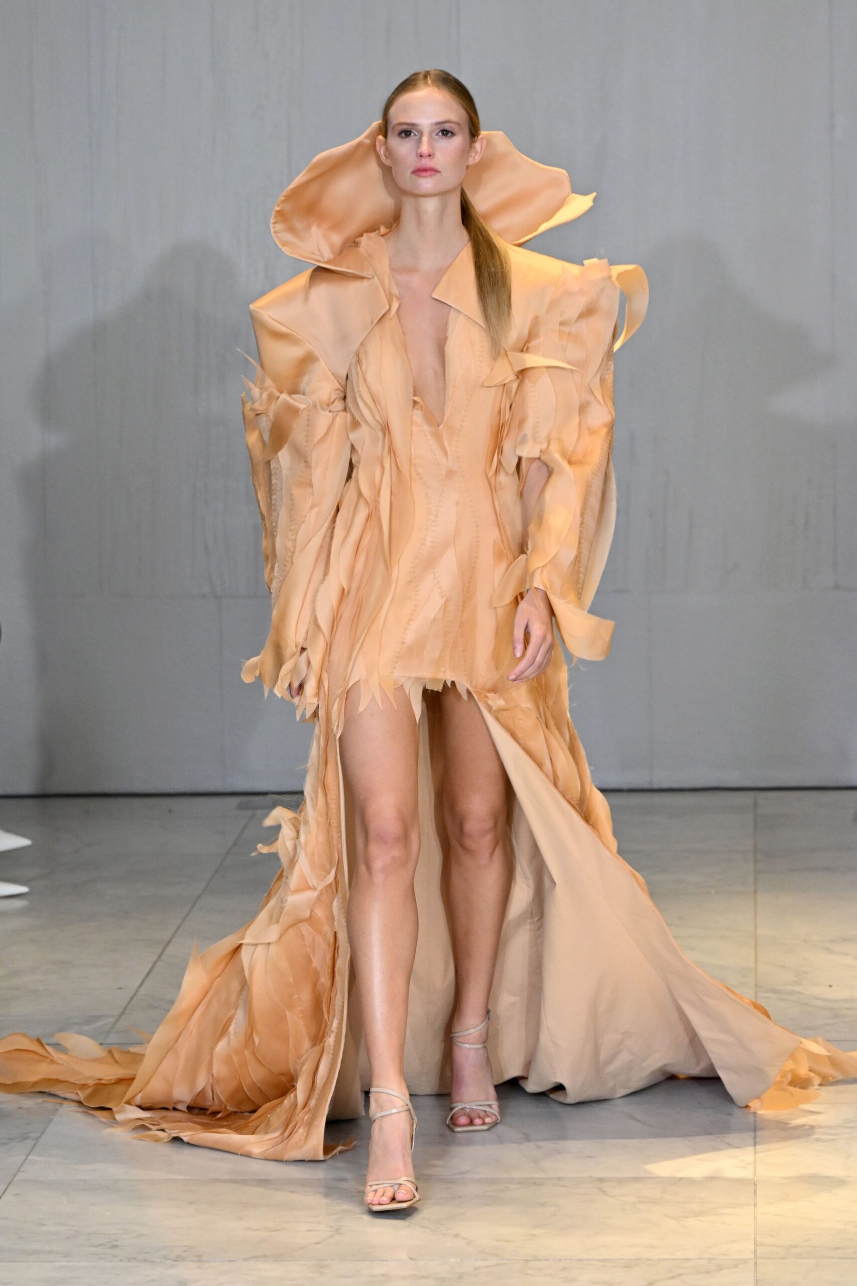 beige silk long-sleeve v-neck fitted ruffled layered gown
