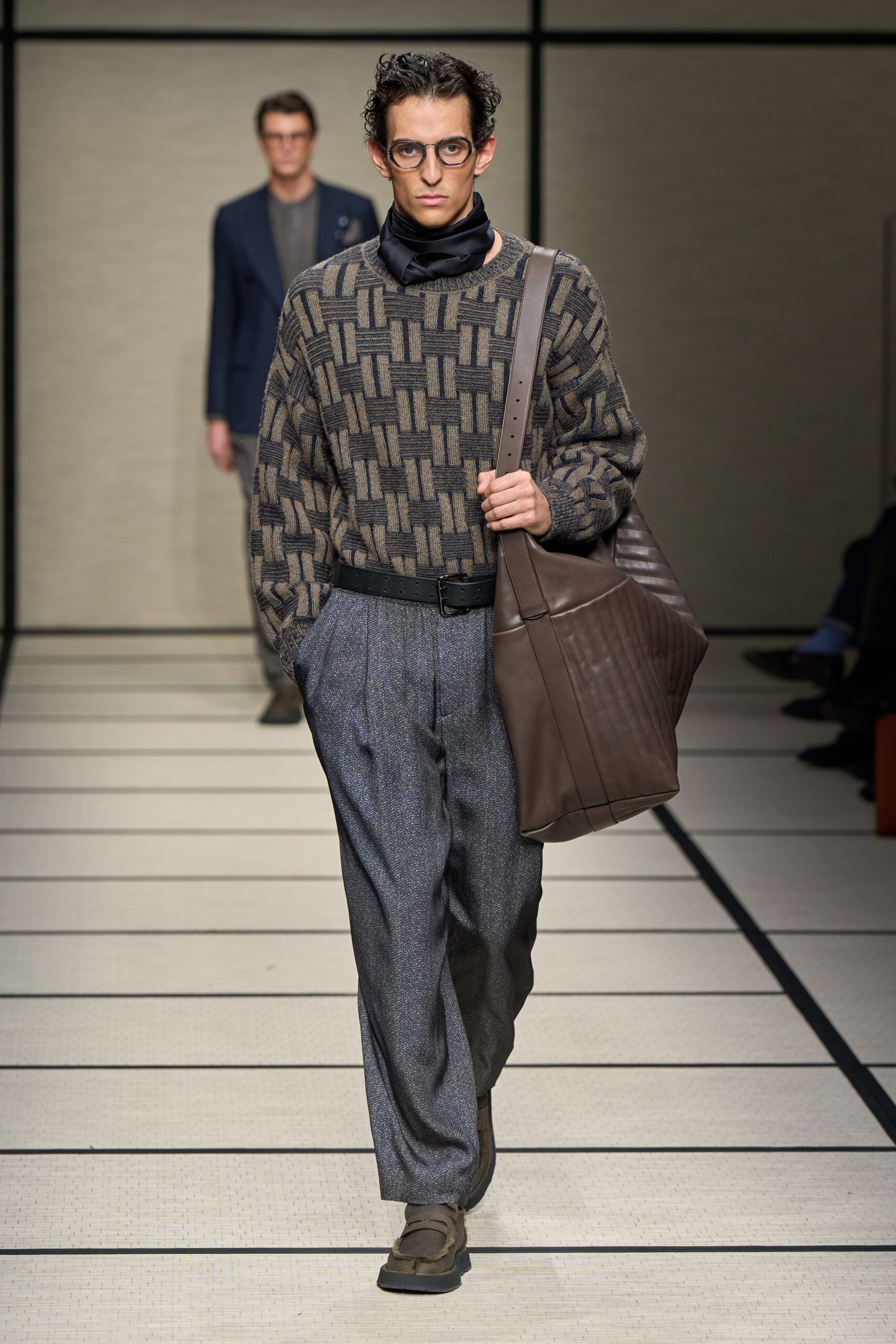 brown wool long-sleeve collared relaxed printed sweater