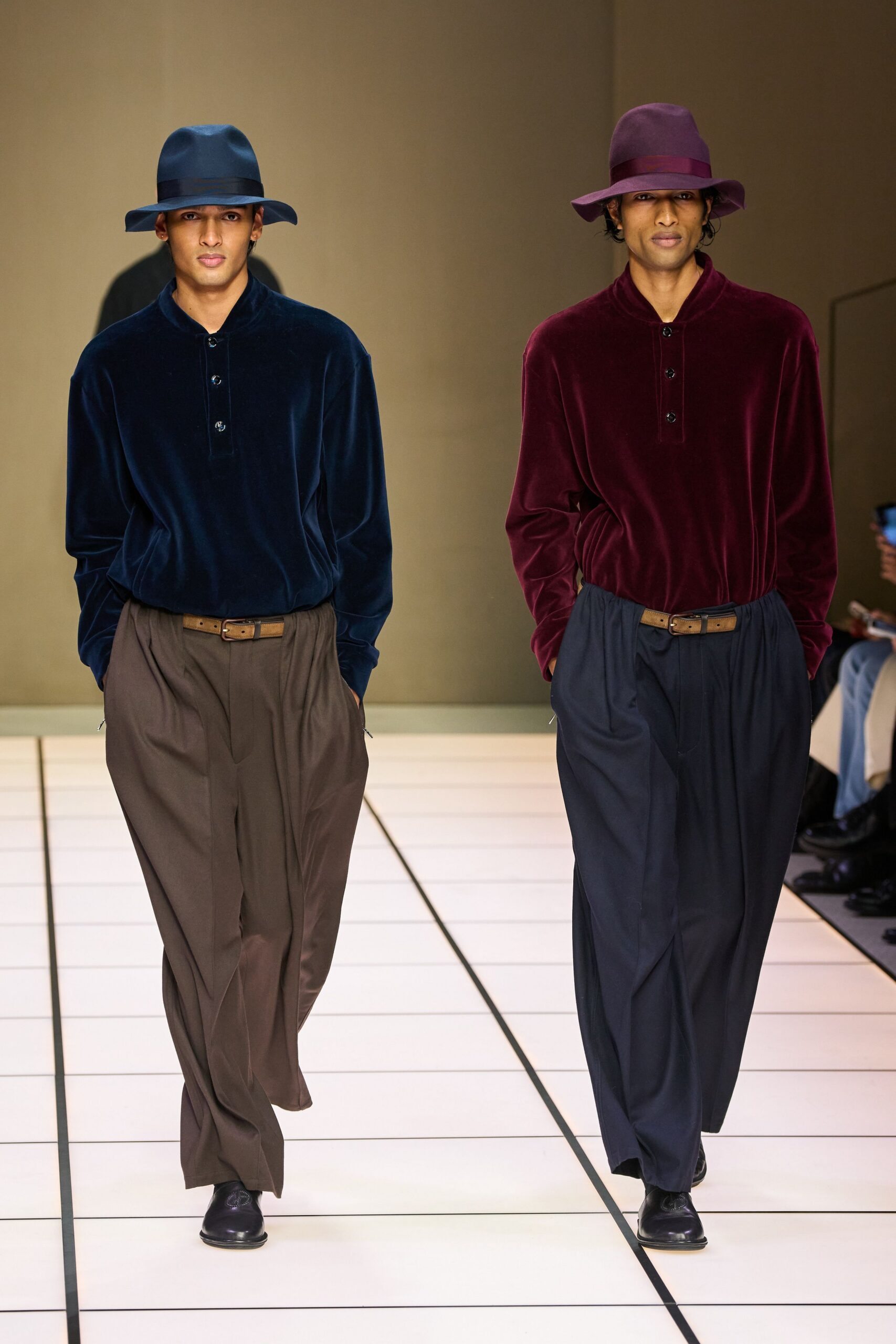 velvet shirts and wide-leg pants