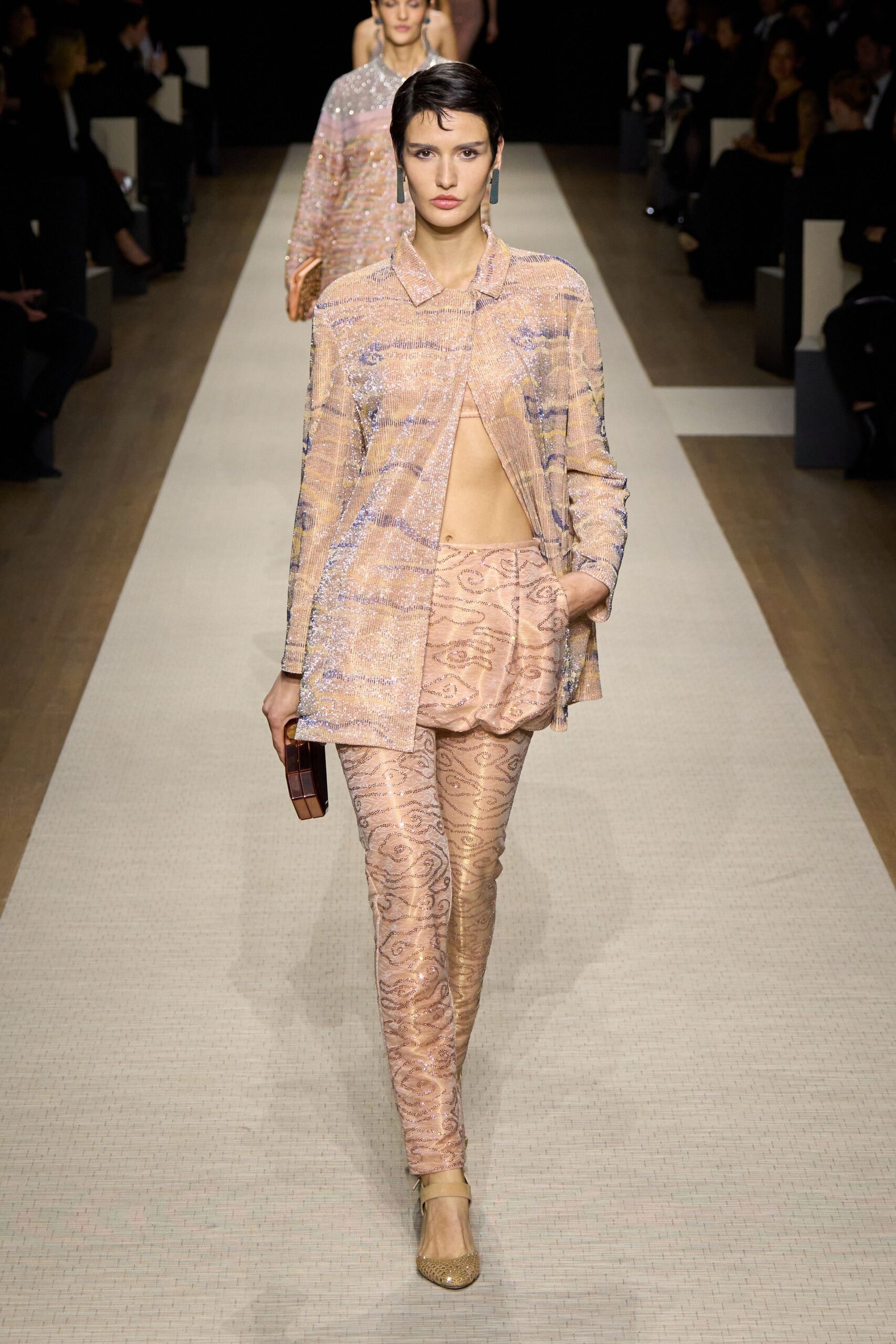 pink silk long-sleeve collared fitted embroidered shiny jacket