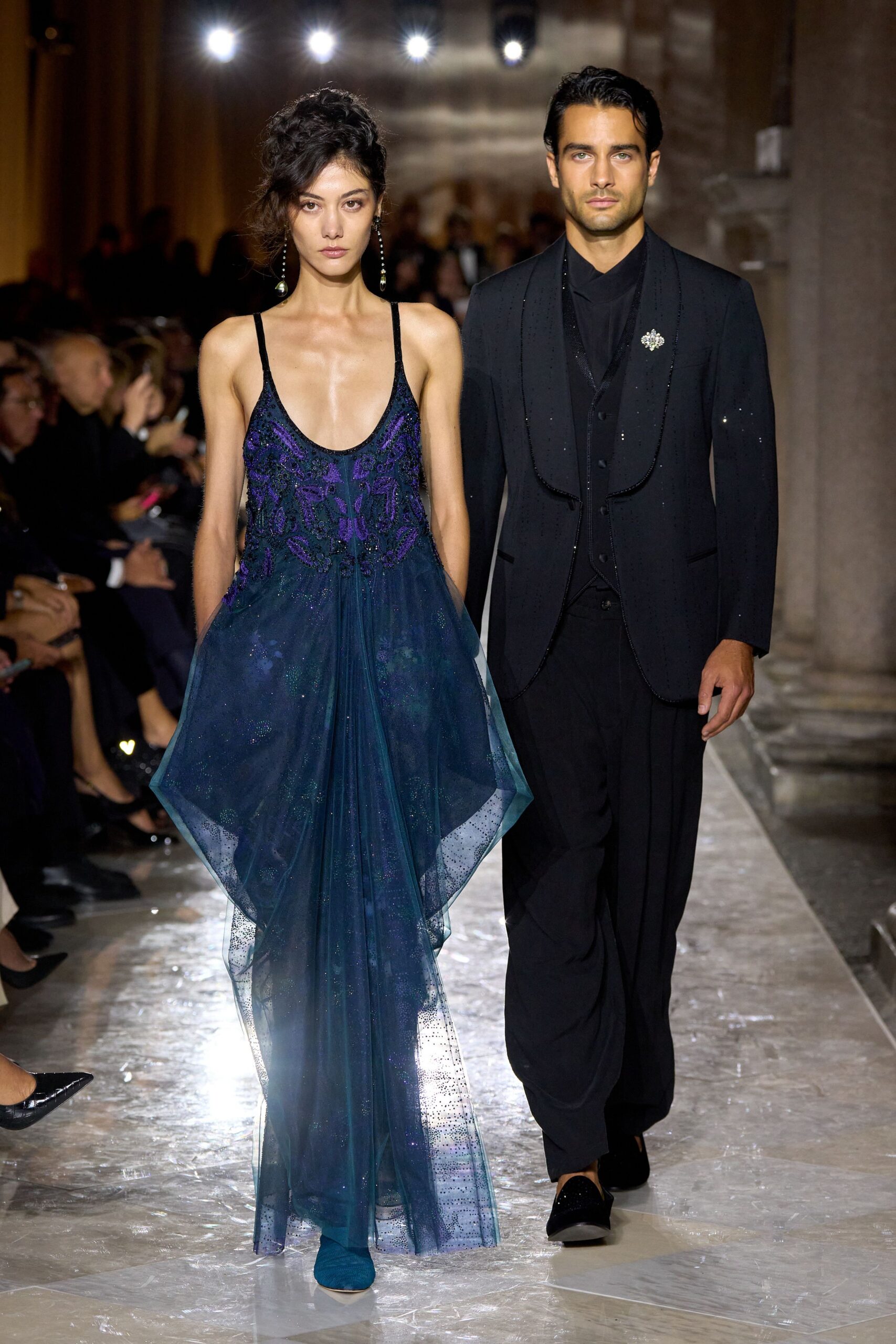 blue silk sleeveless v-neck fitted layered embroidered gown