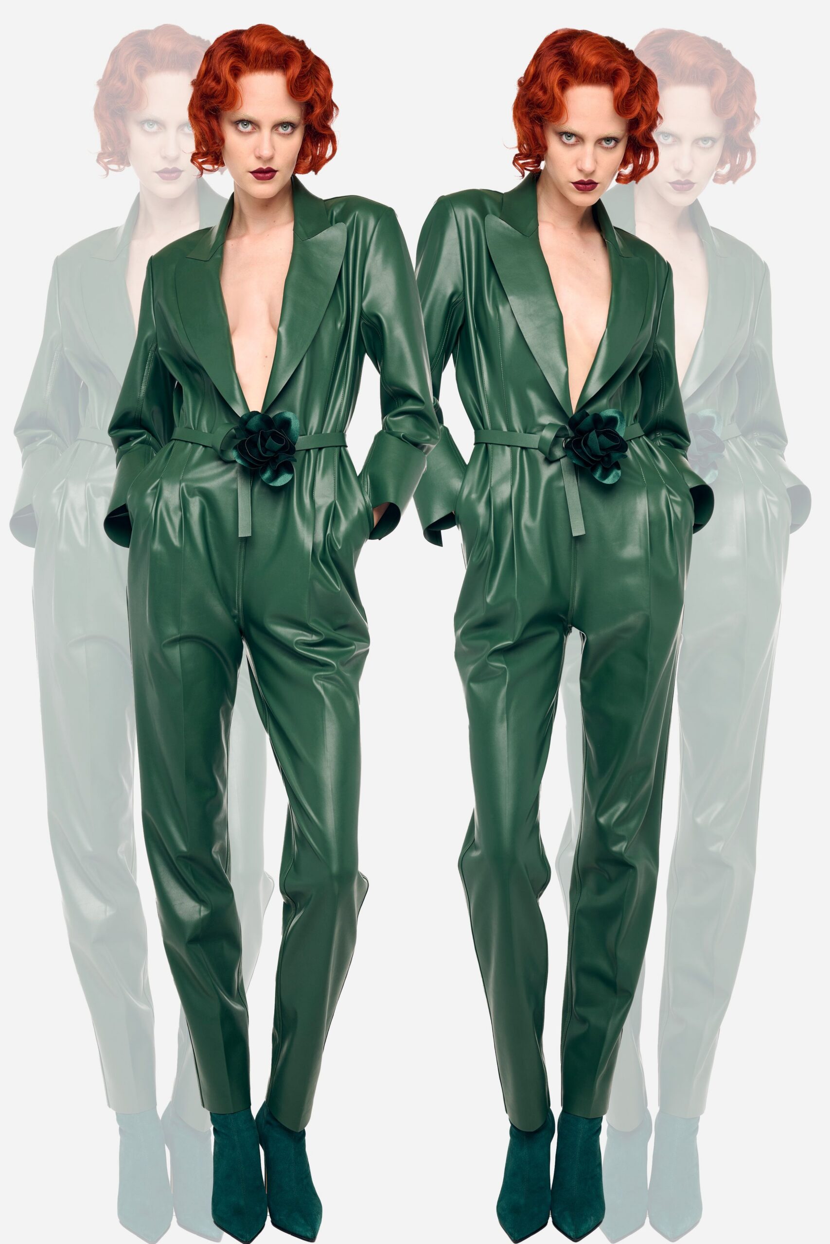green leather long-sleeve v-neck fitted zippered pockets jumpsuit