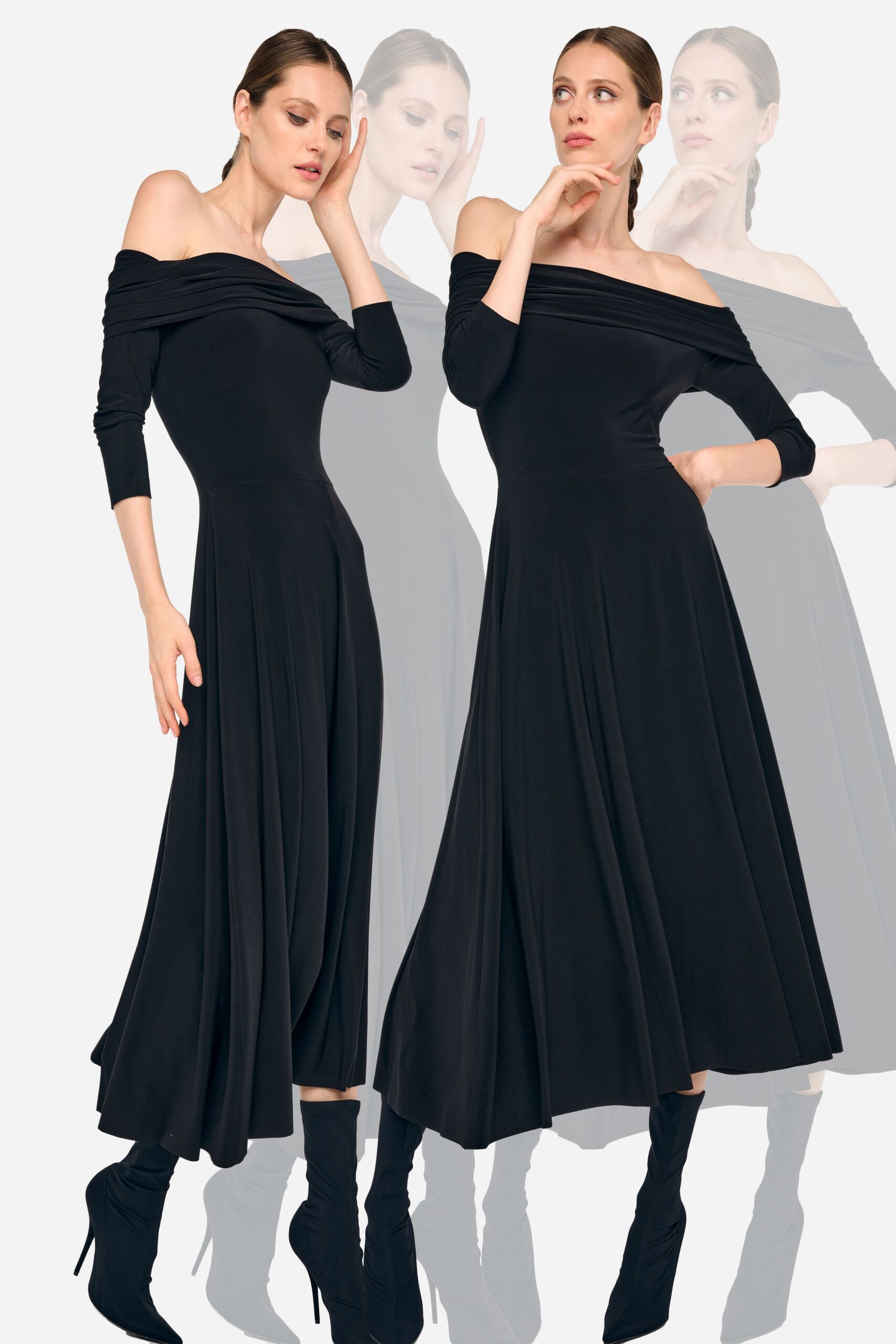 black off-shoulder midi dress with boots