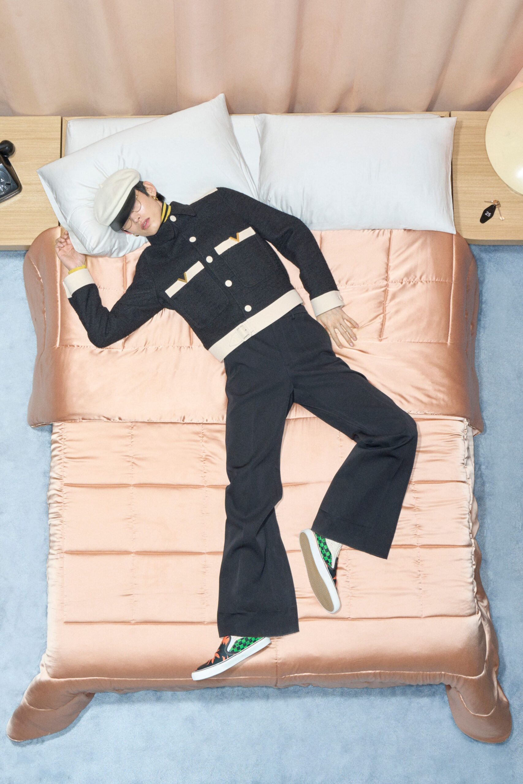 black fitted jacket with wide-leg pants