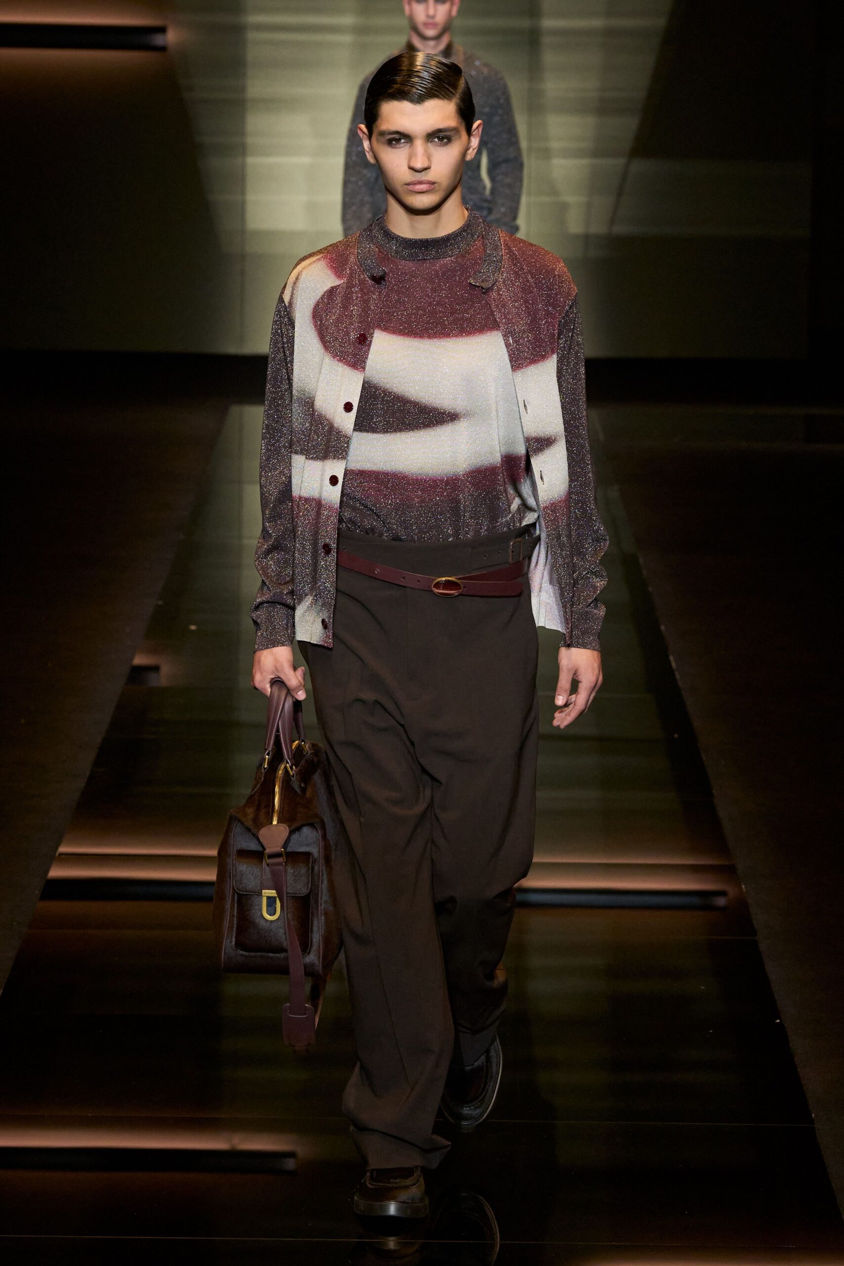 red gray white shirt with tailored pants