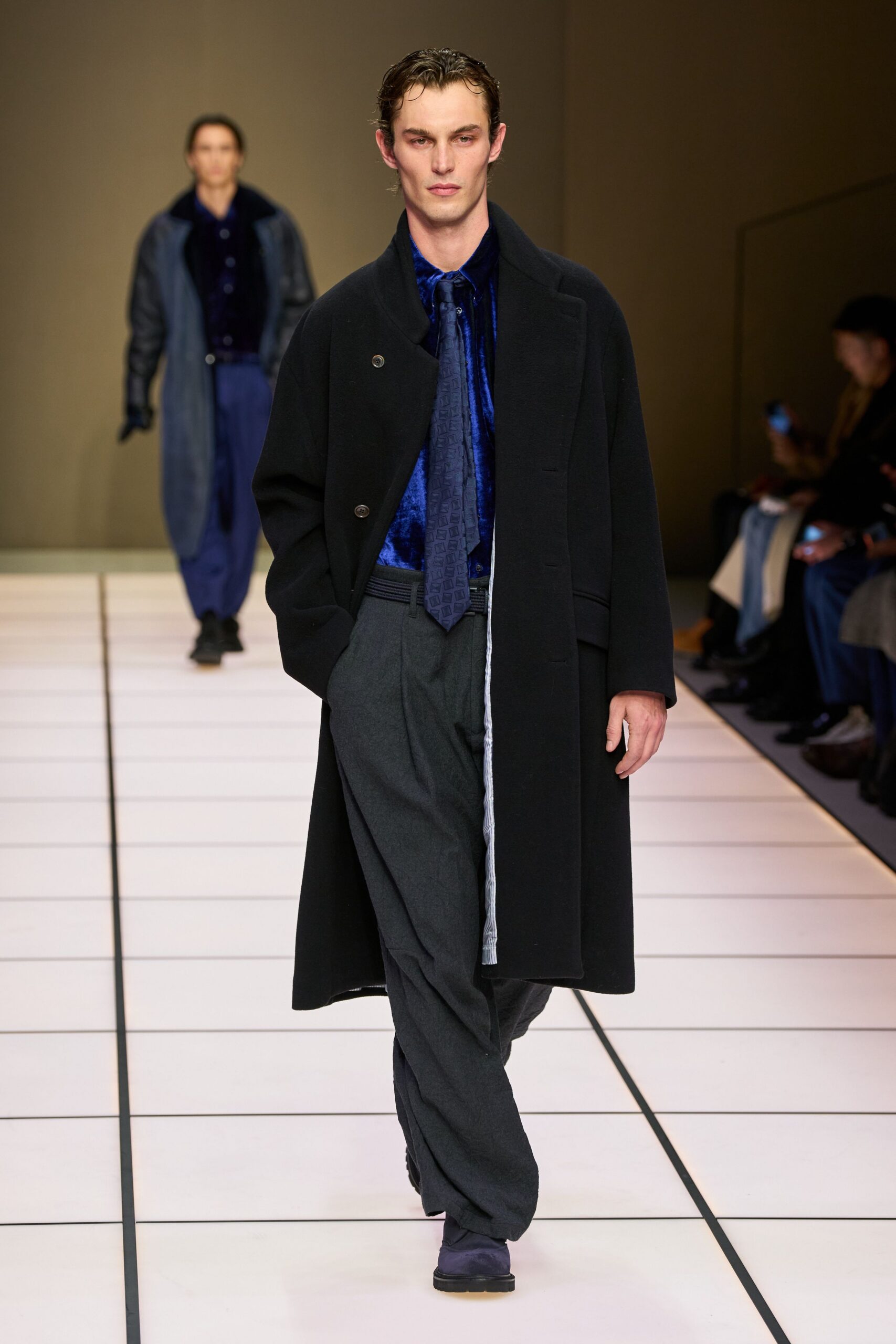 black wool coat with blue velvet shirt