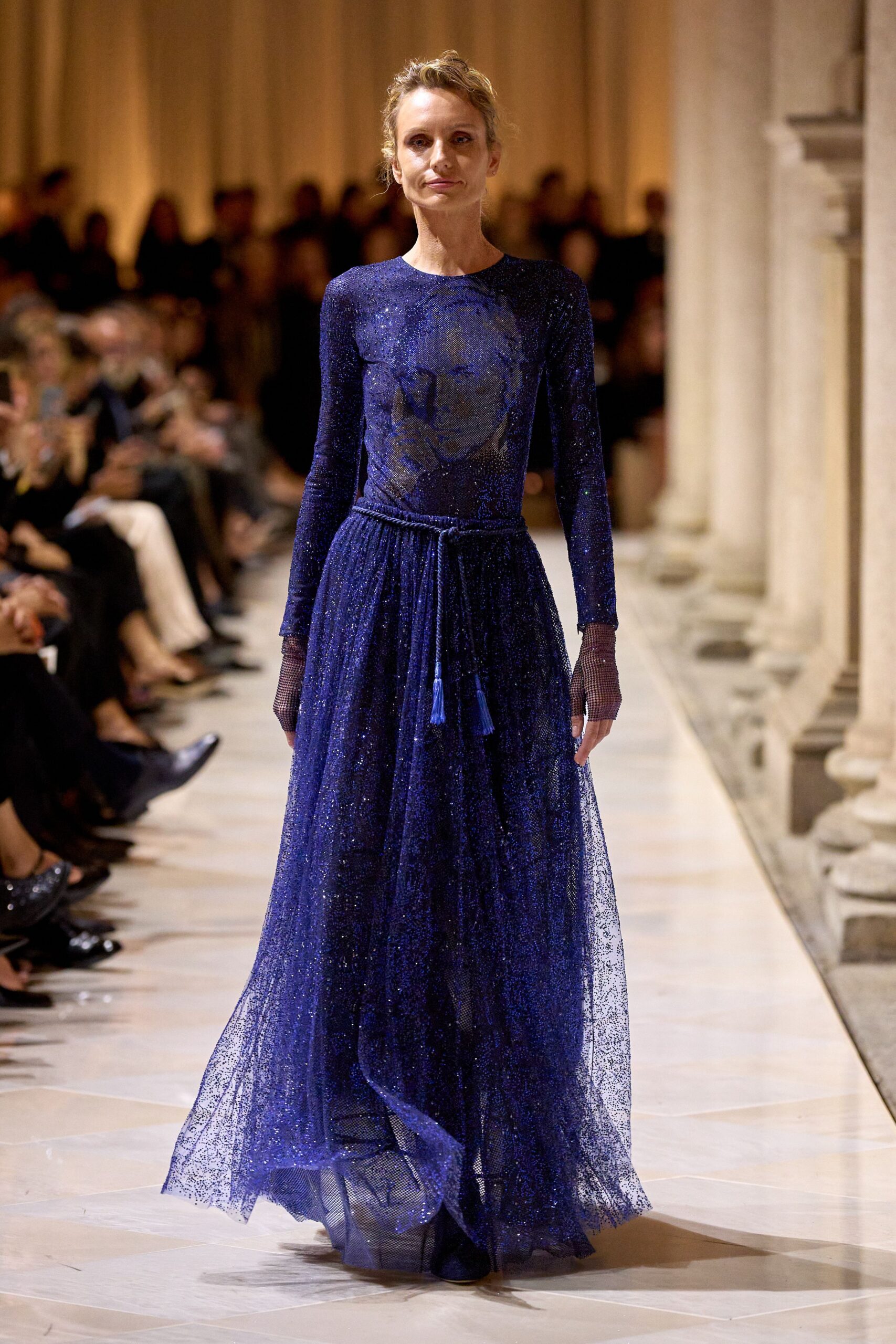 blue lace long-sleeve gown