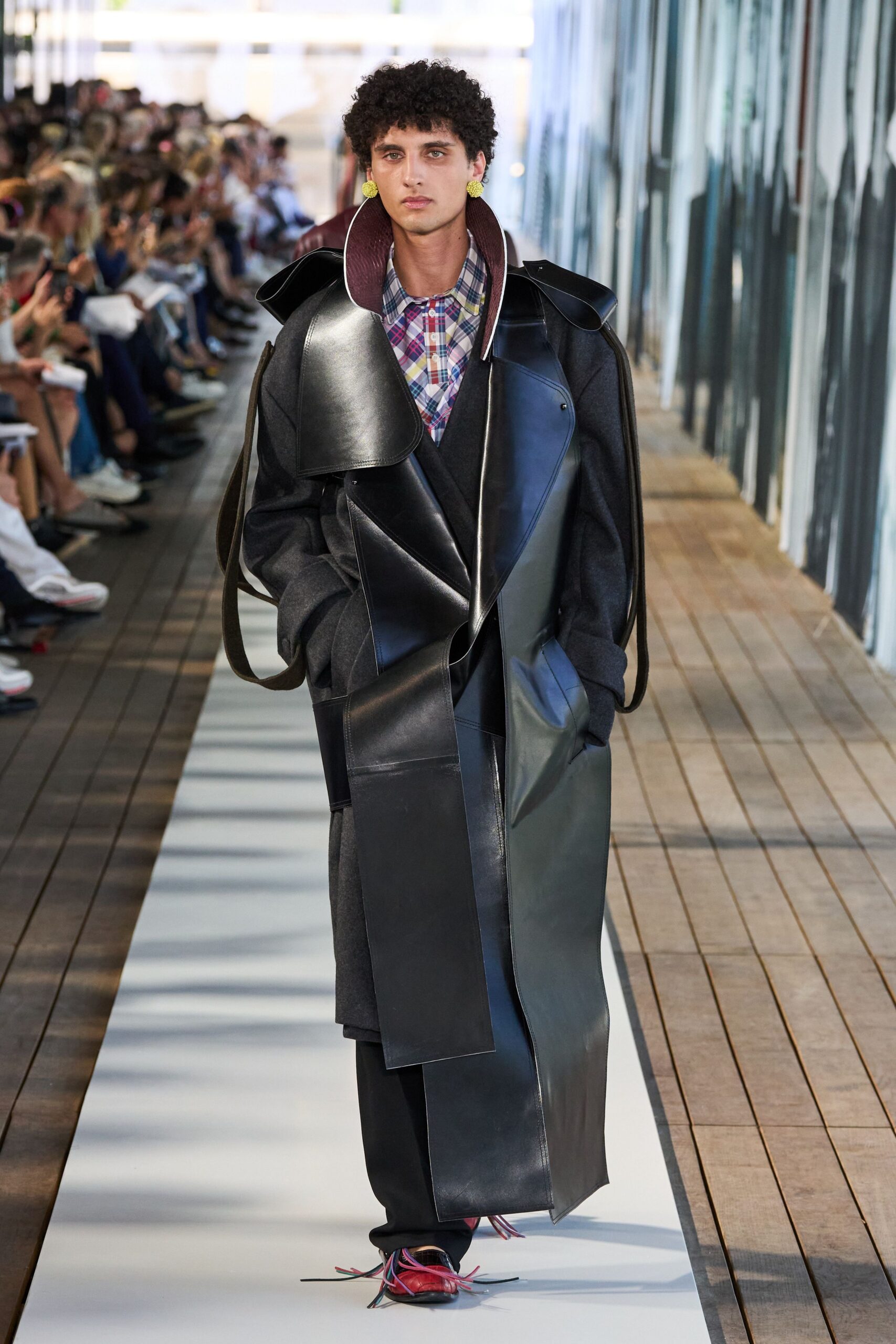 black leather coat with multi shirt