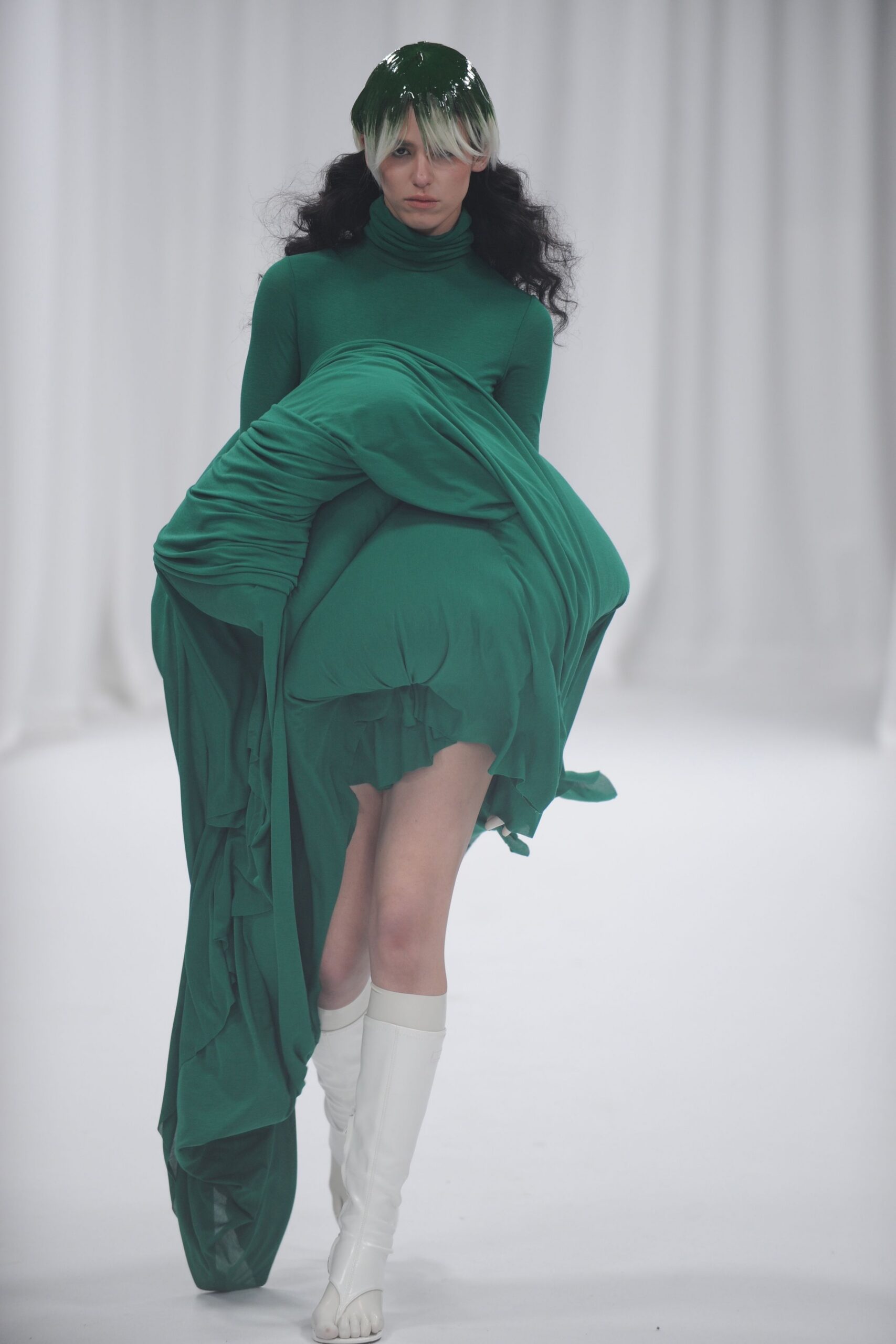 green cotton long-sleeve high-neck fitted draped flowing dress