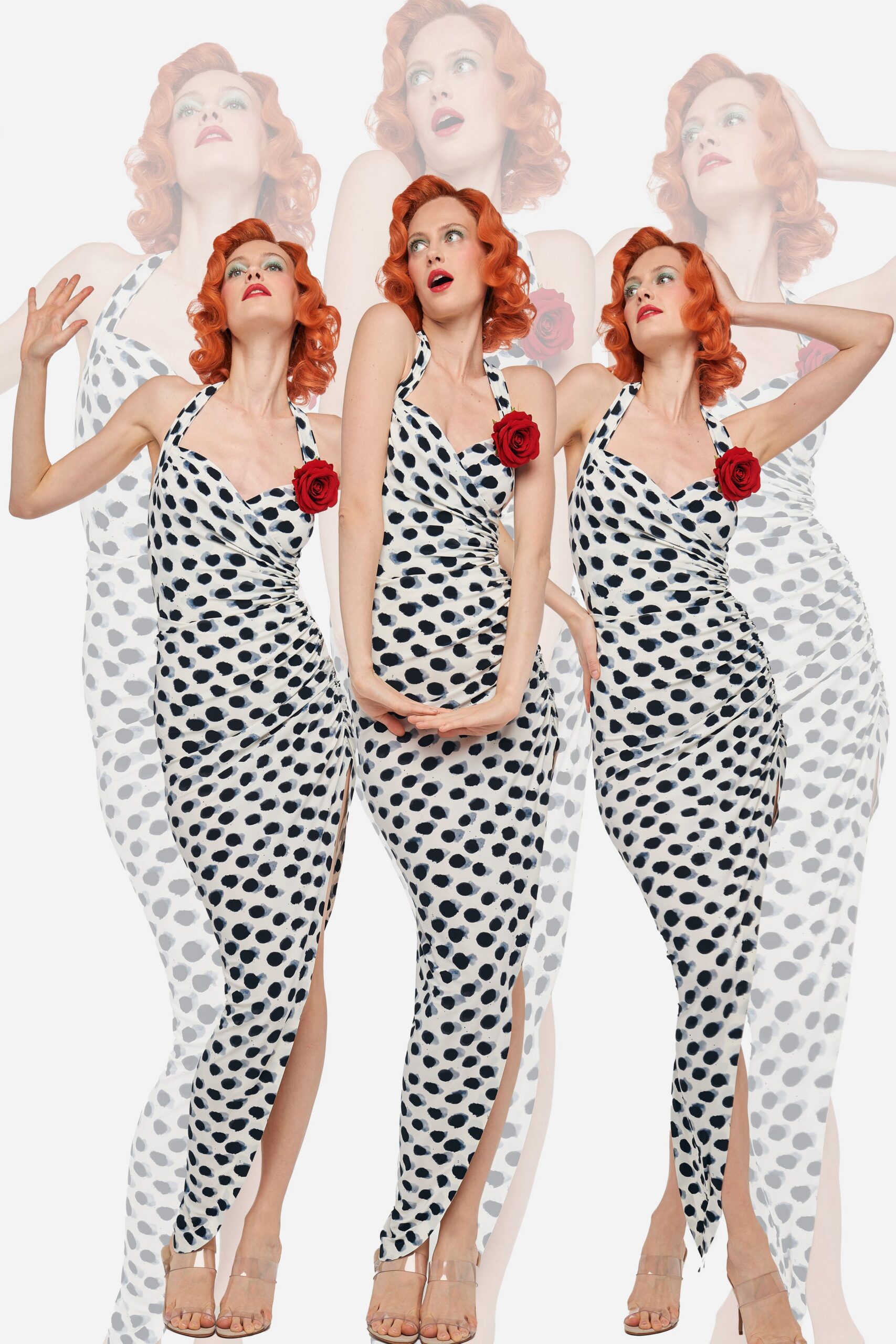 white silk sleeveless halter fitted polka-dot ruched dress
