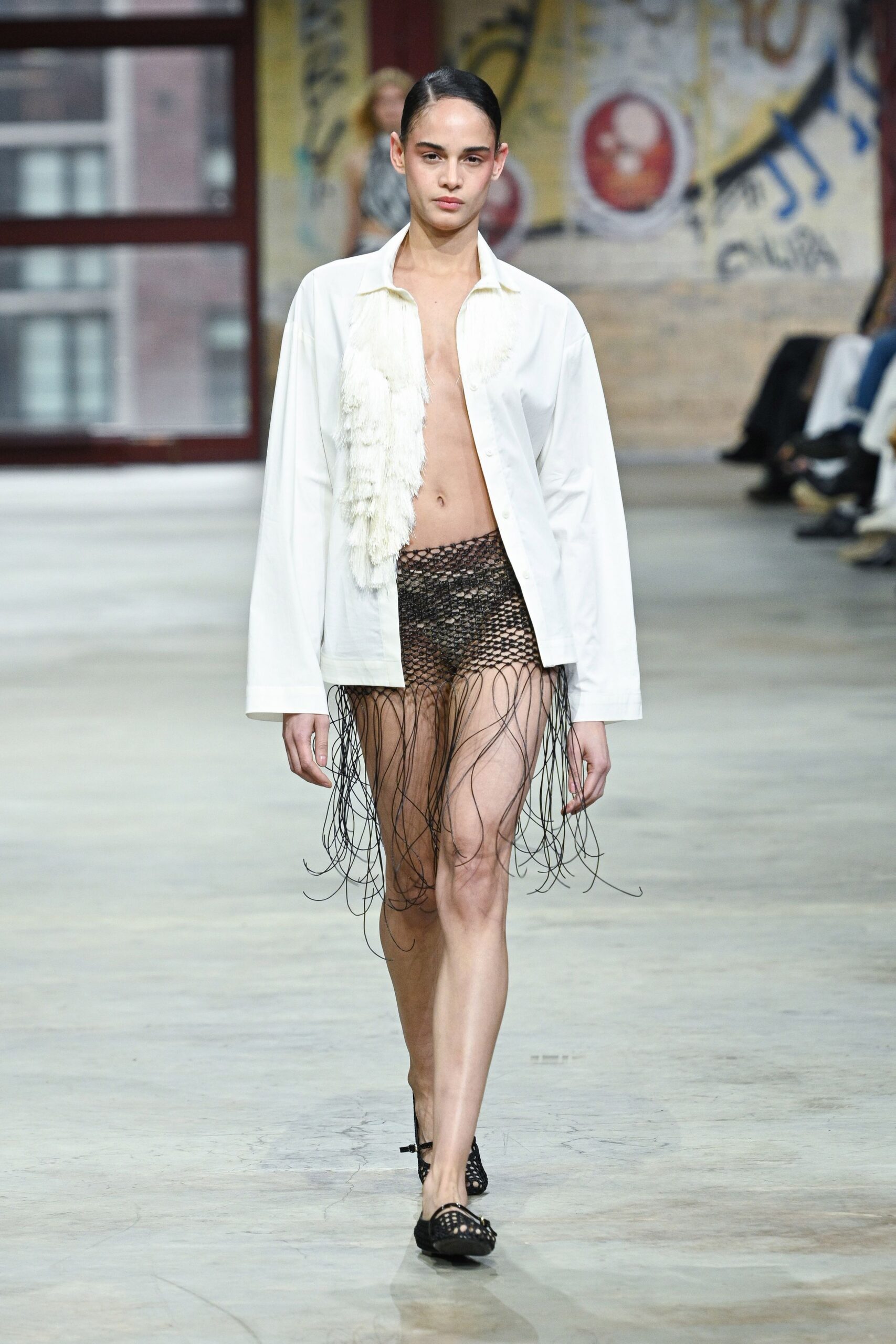 white cotton long-sleeve collared relaxed fringed shirt