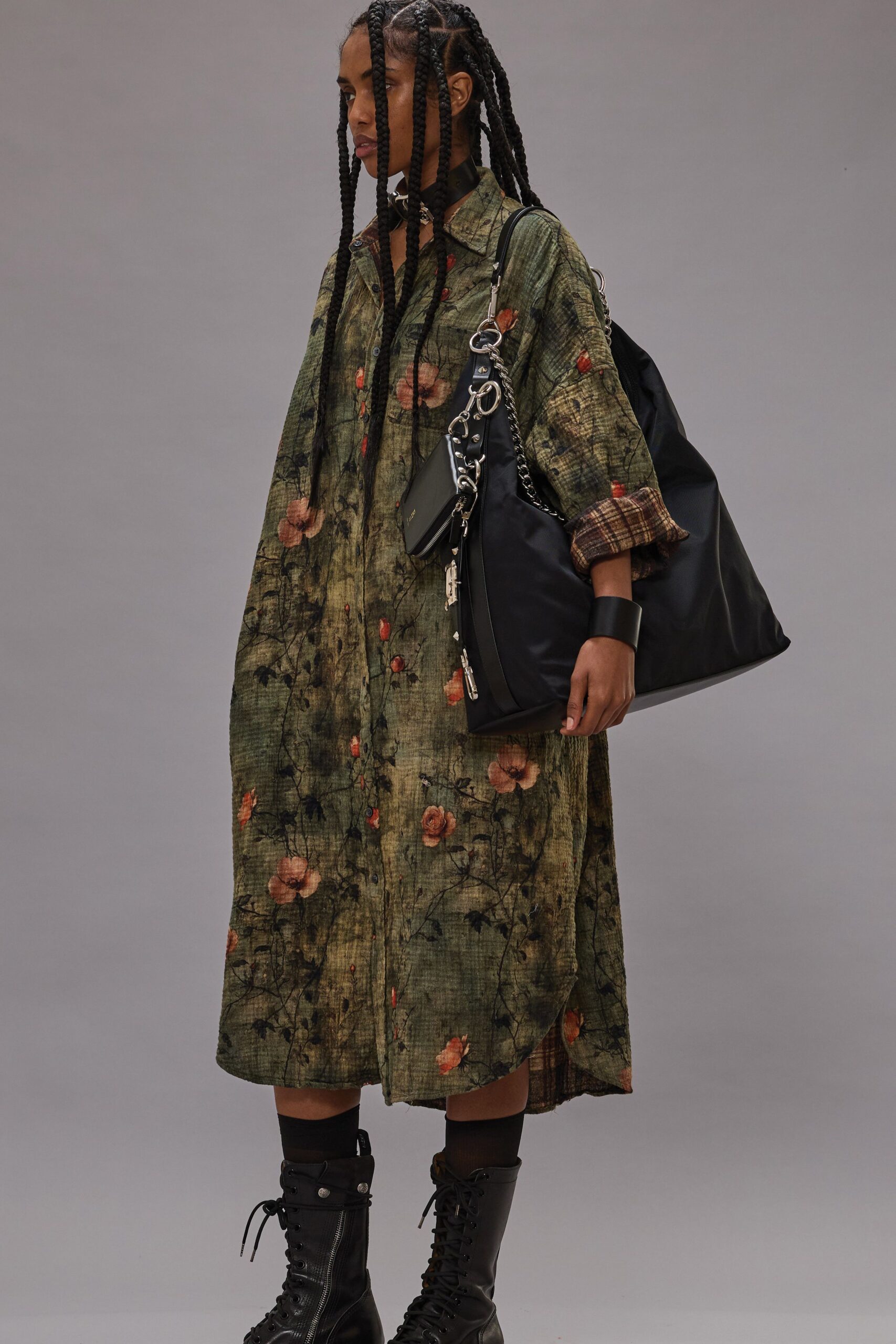 floral green shirt-dress with black boots